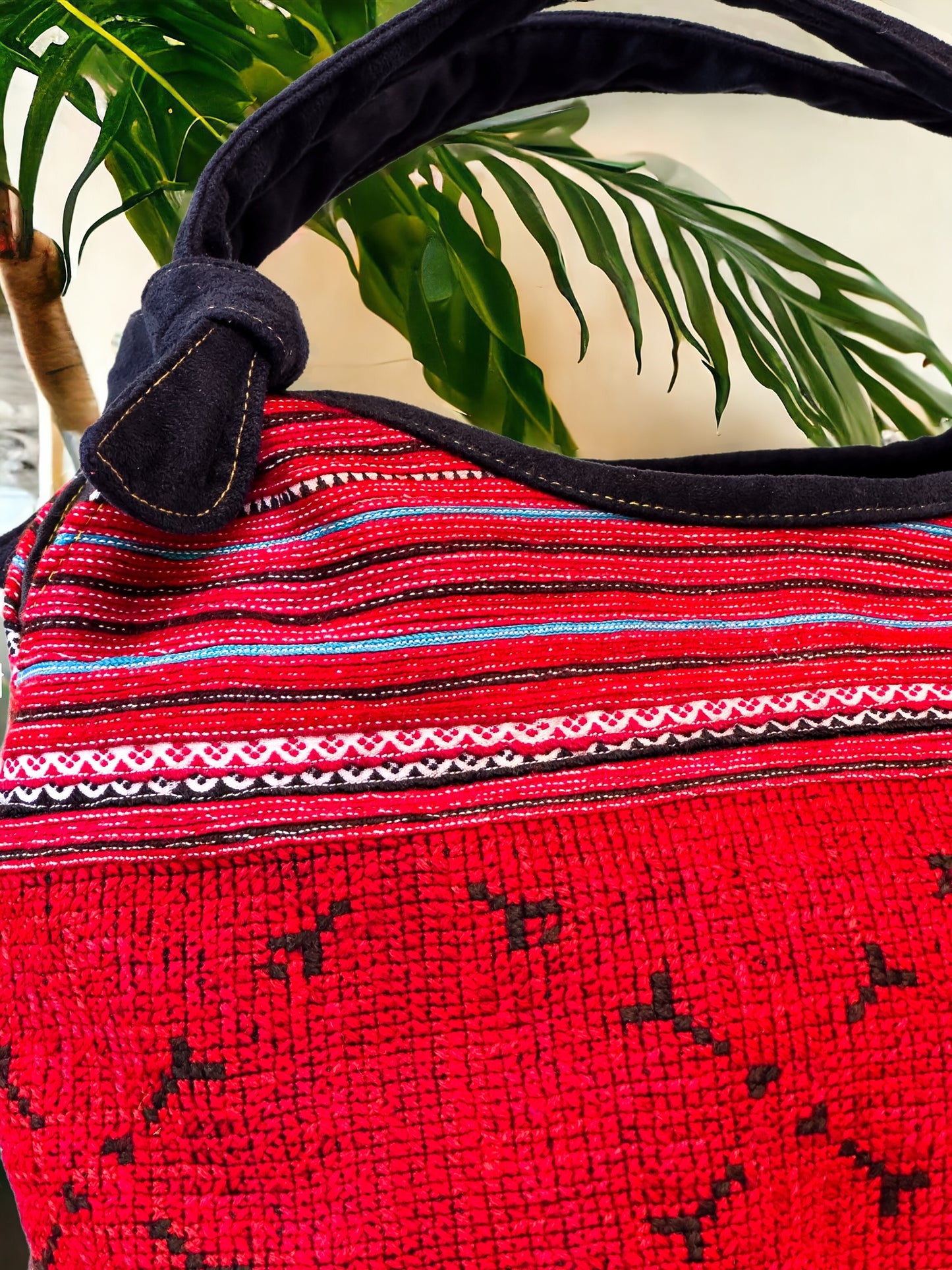Handmade Red Embroidered Handbag – Knot Handles, Faux Leather, Black Inner Lining
