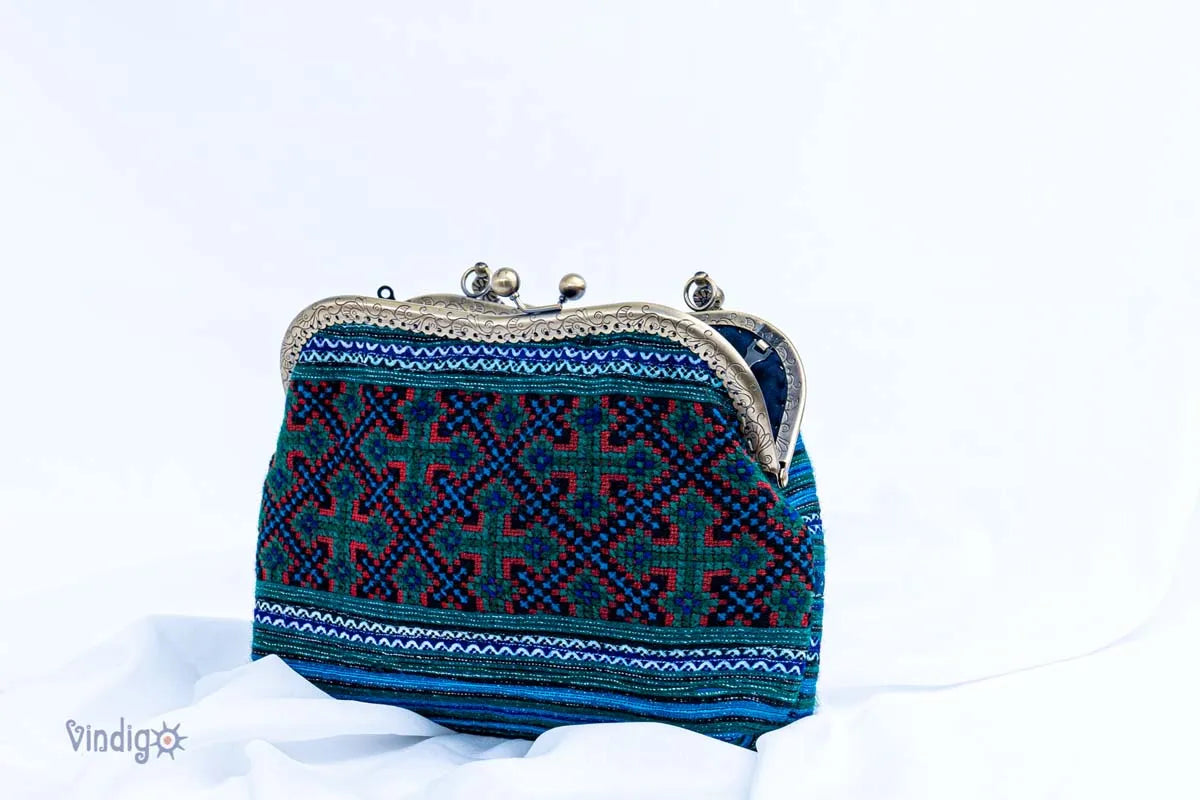 Vindigo handmade handbag side angle with indigo cross-stitch pattern