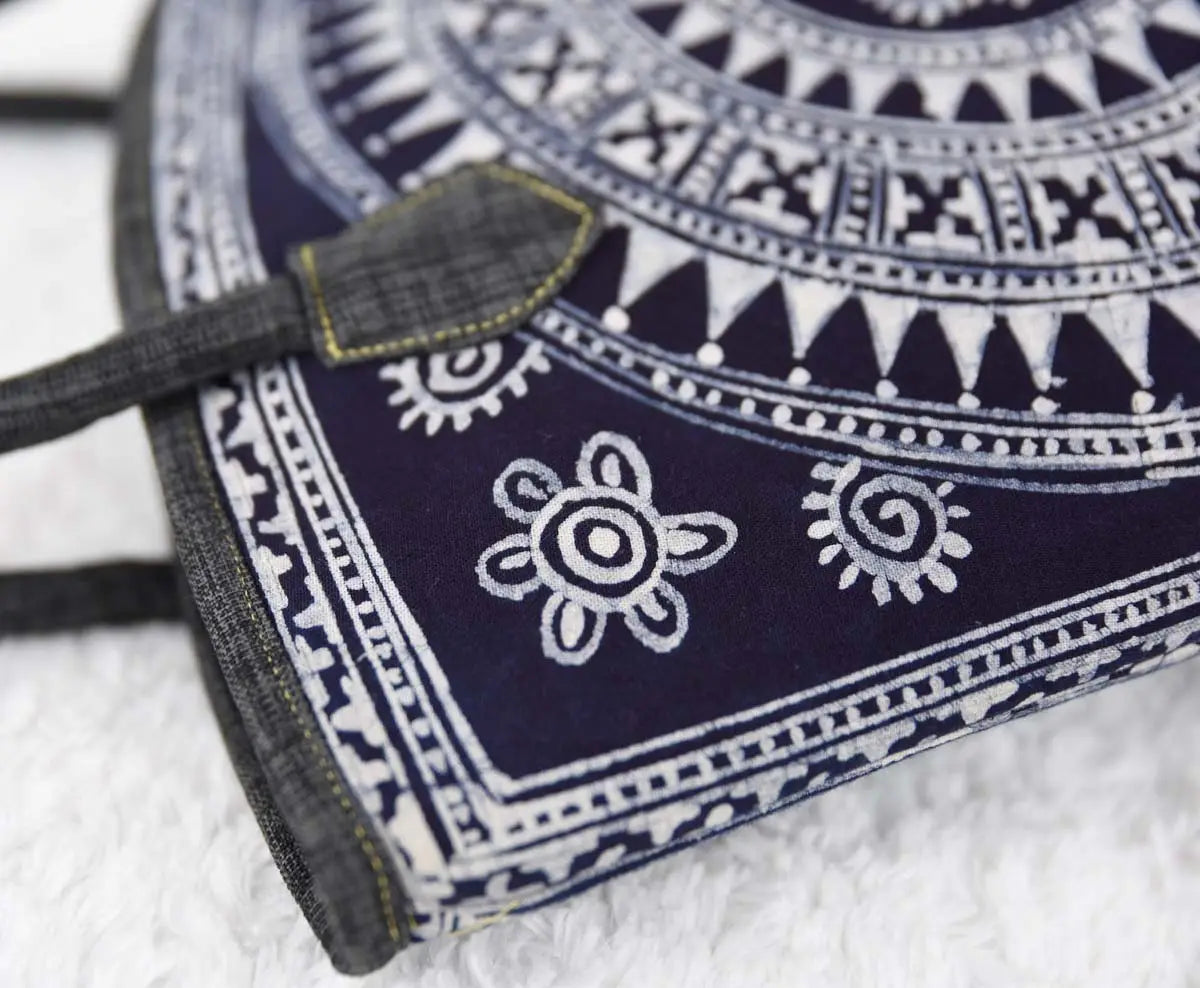 Vindigo tote close-up of floral batik motif and stitching