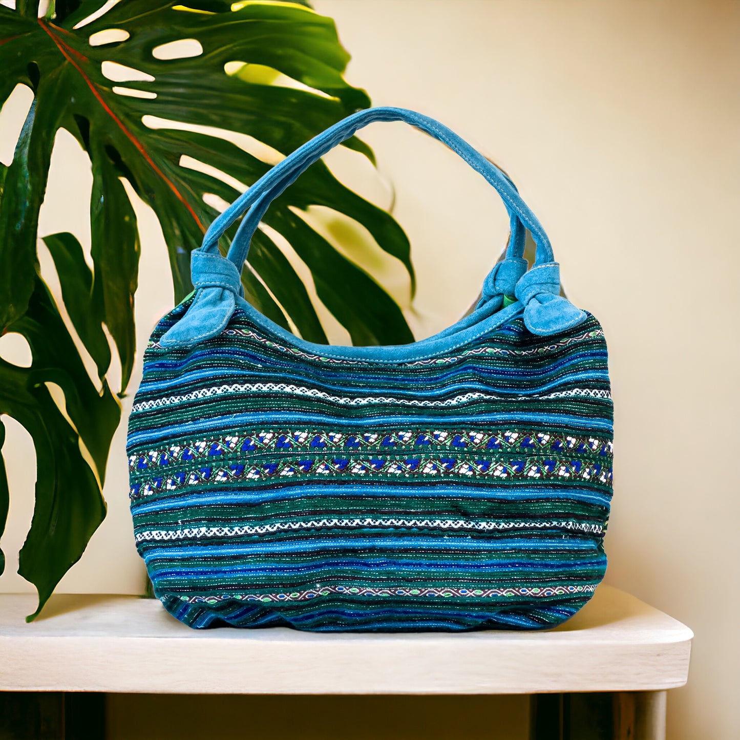 Handmade Blue Embroidered Handbag, Yellow Thread – Knot Handles, Faux Leather, Green Inner Lining