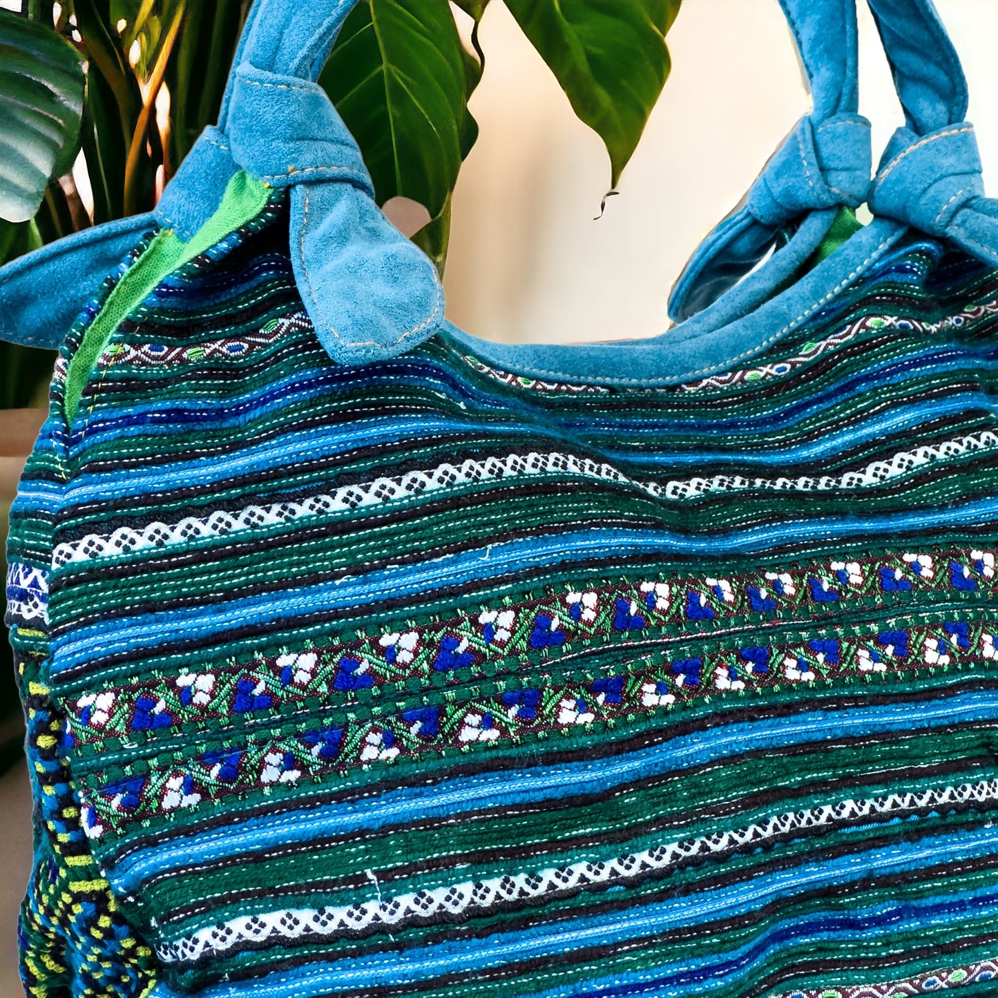 Handmade Blue Embroidered Handbag, Yellow Thread – Knot Handles, Faux Leather, Green Inner Lining