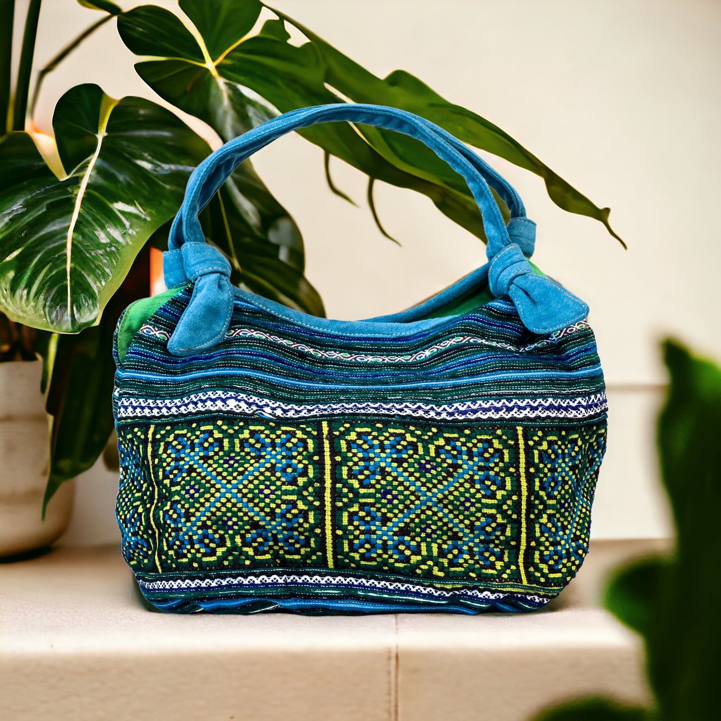 Handmade Blue Embroidered Handbag, Yellow Thread – Knot Handles, Faux Leather, Green Inner Lining