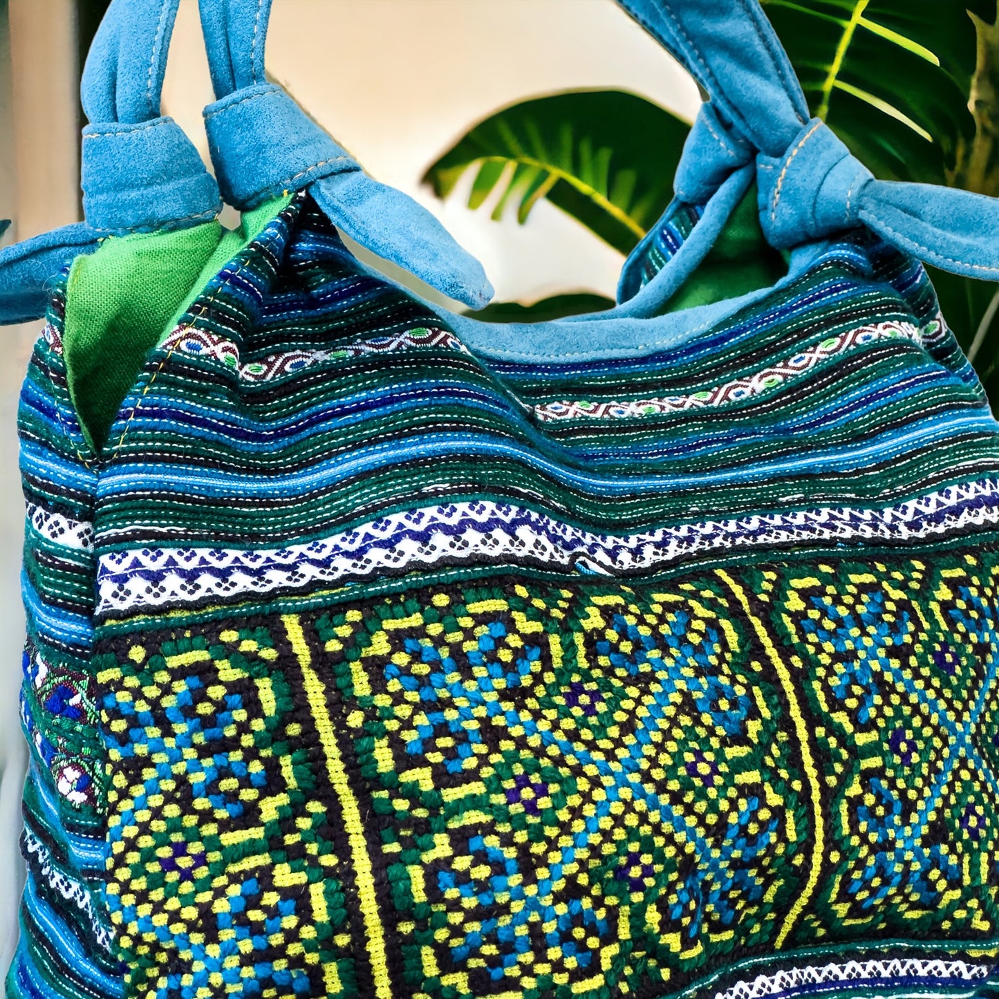 Handmade Blue Embroidered Handbag, Yellow Thread – Knot Handles, Faux Leather, Green Inner Lining