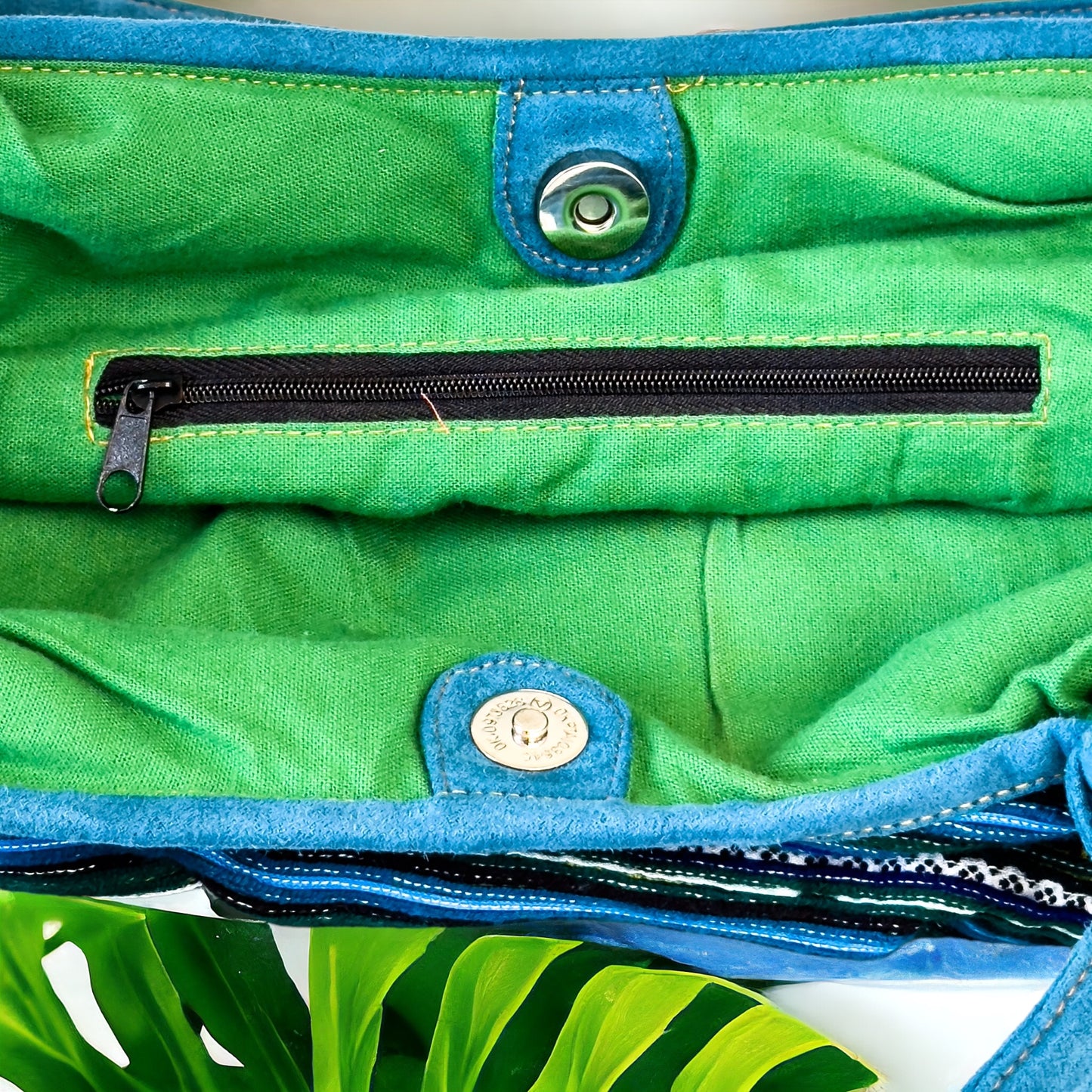 Handmade Blue Embroidered Handbag, Yellow Thread – Knot Handles, Faux Leather, Green Inner Lining