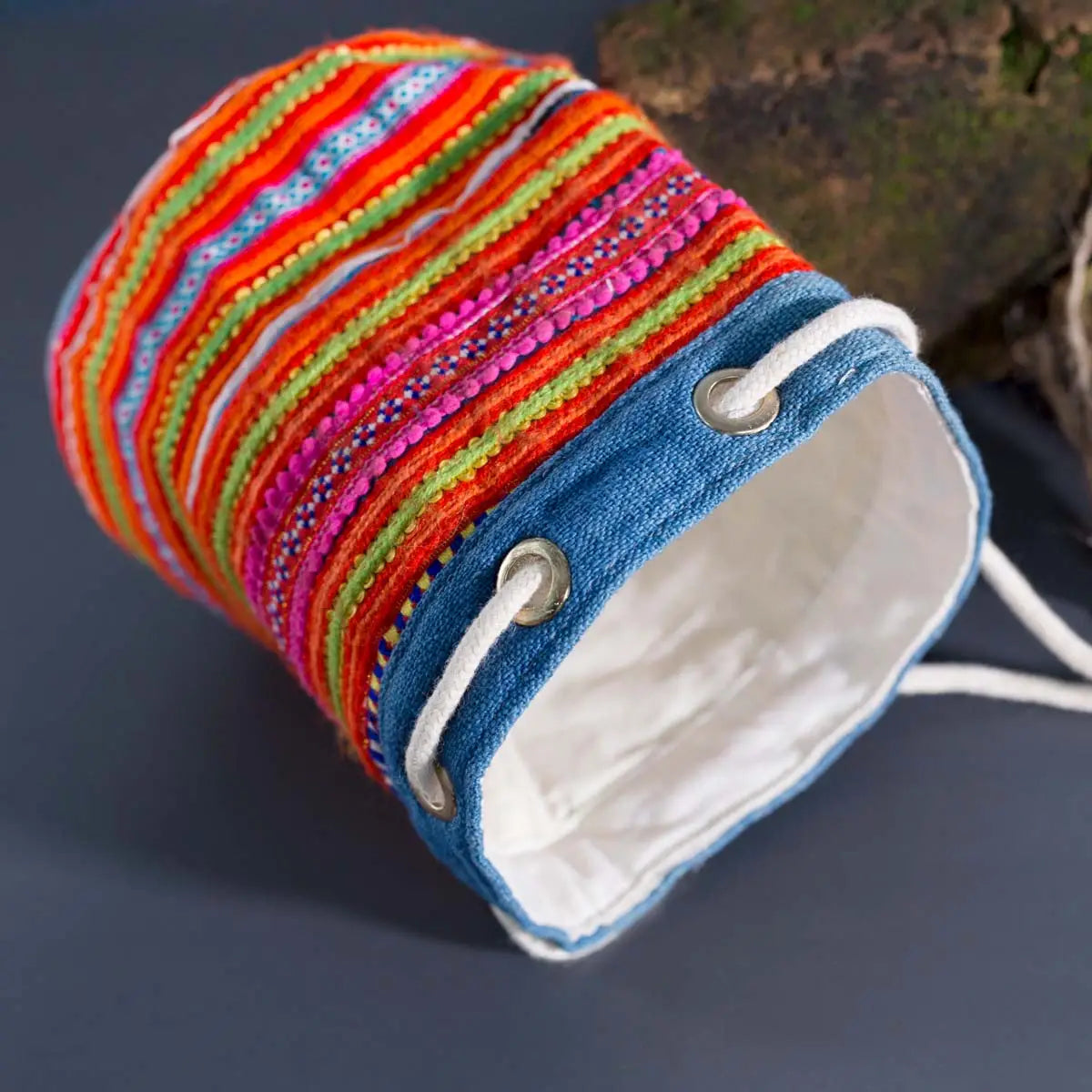 Vindigo orange embroidered canvas bucket bag open top view
