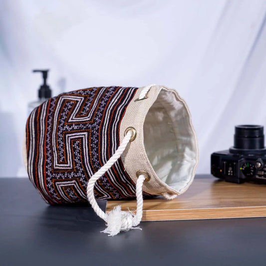 Vindigo brown embroidered canvas bucket bag open top view