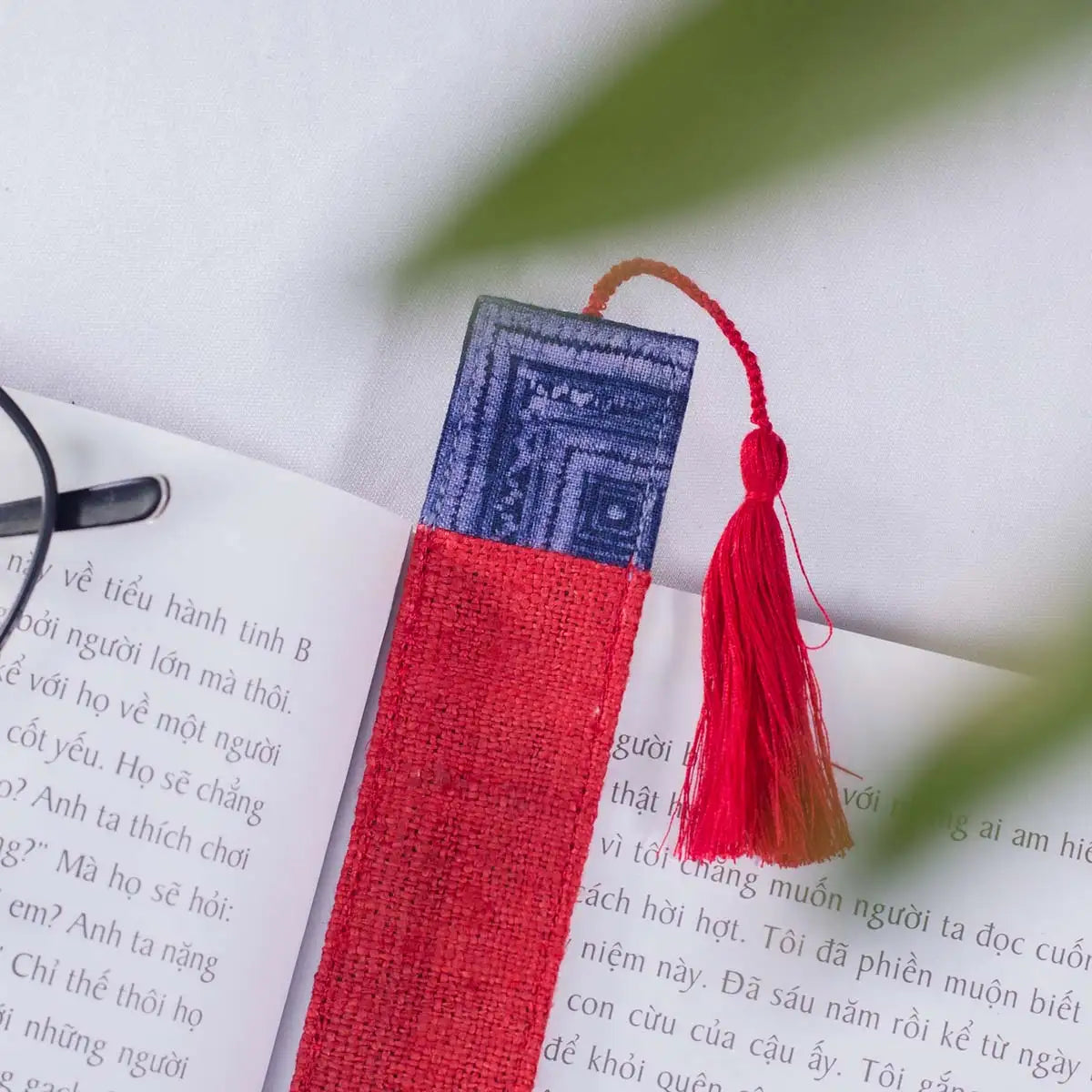 Vindigo red hemp batik pattern bookmark front view with tassel