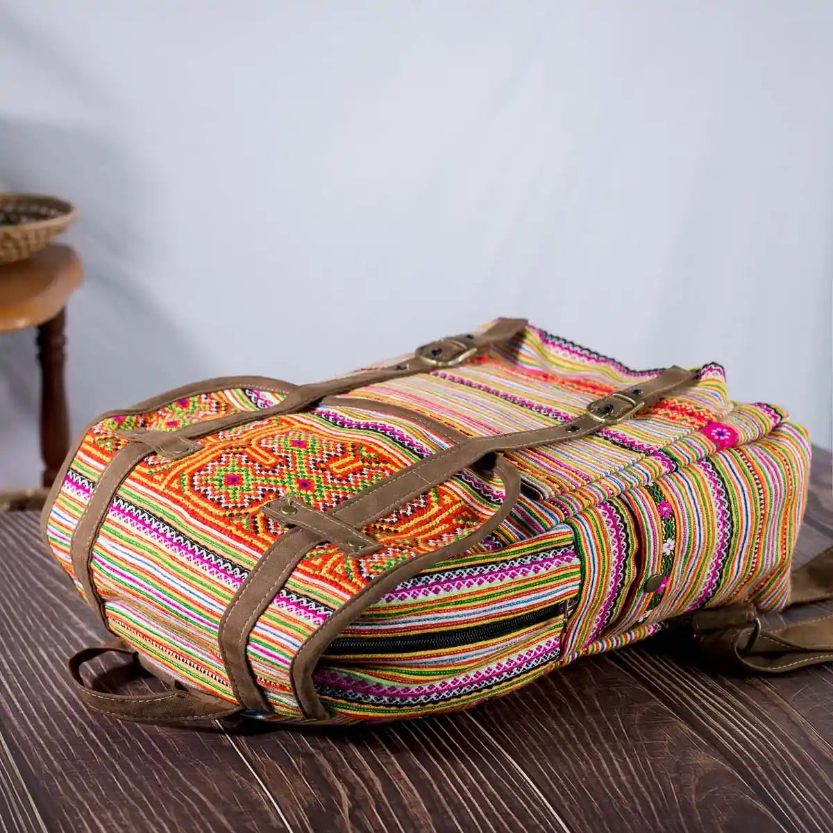 Vindigo orange embroidered cotton backpack bottom view