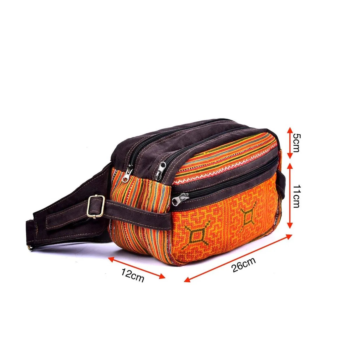 Vindigo orange embroidered waist bag angled view with size measurements displayed
