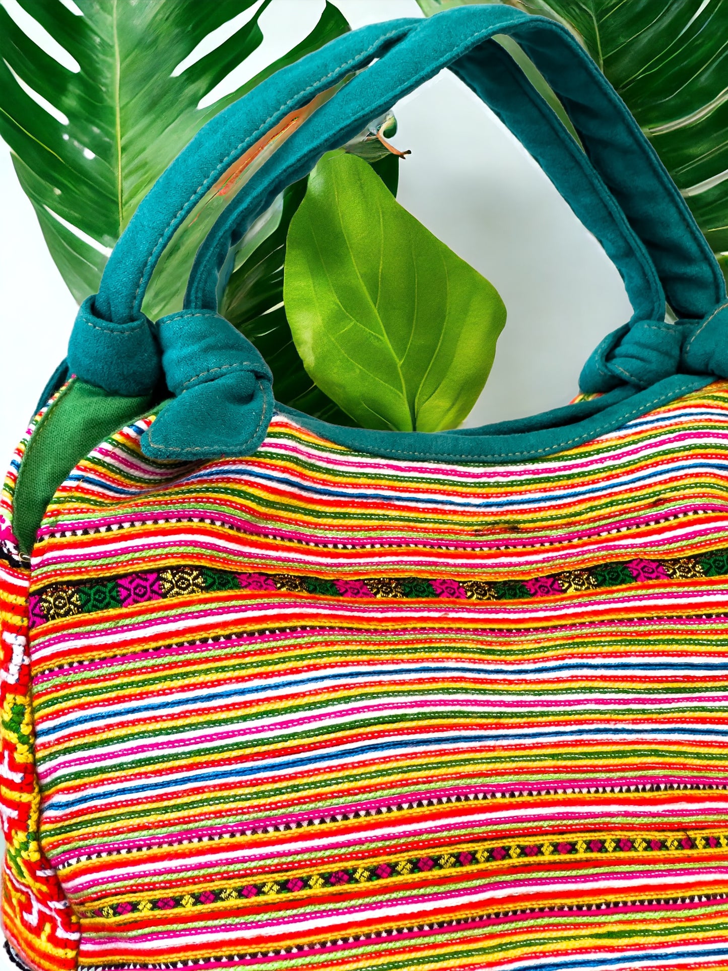 Handmade Orange Embroidered Handbag – Knot Handles, Faux Leather, Green Inner Lining