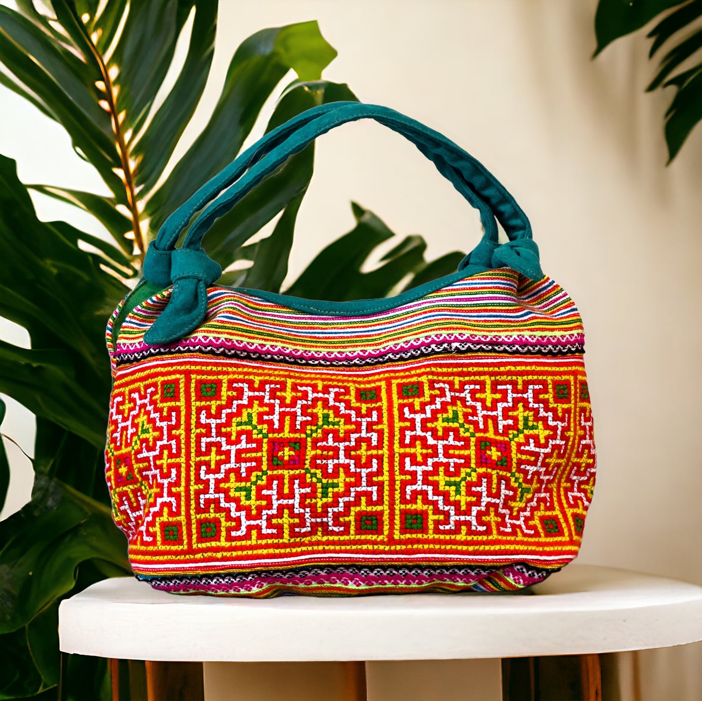 Handmade Orange Embroidered Handbag – Knot Handles, Faux Leather, Green Inner Lining