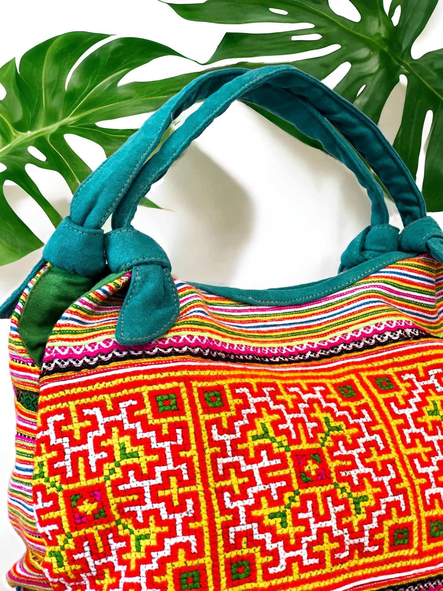Handmade Orange Embroidered Handbag – Knot Handles, Faux Leather, Green Inner Lining