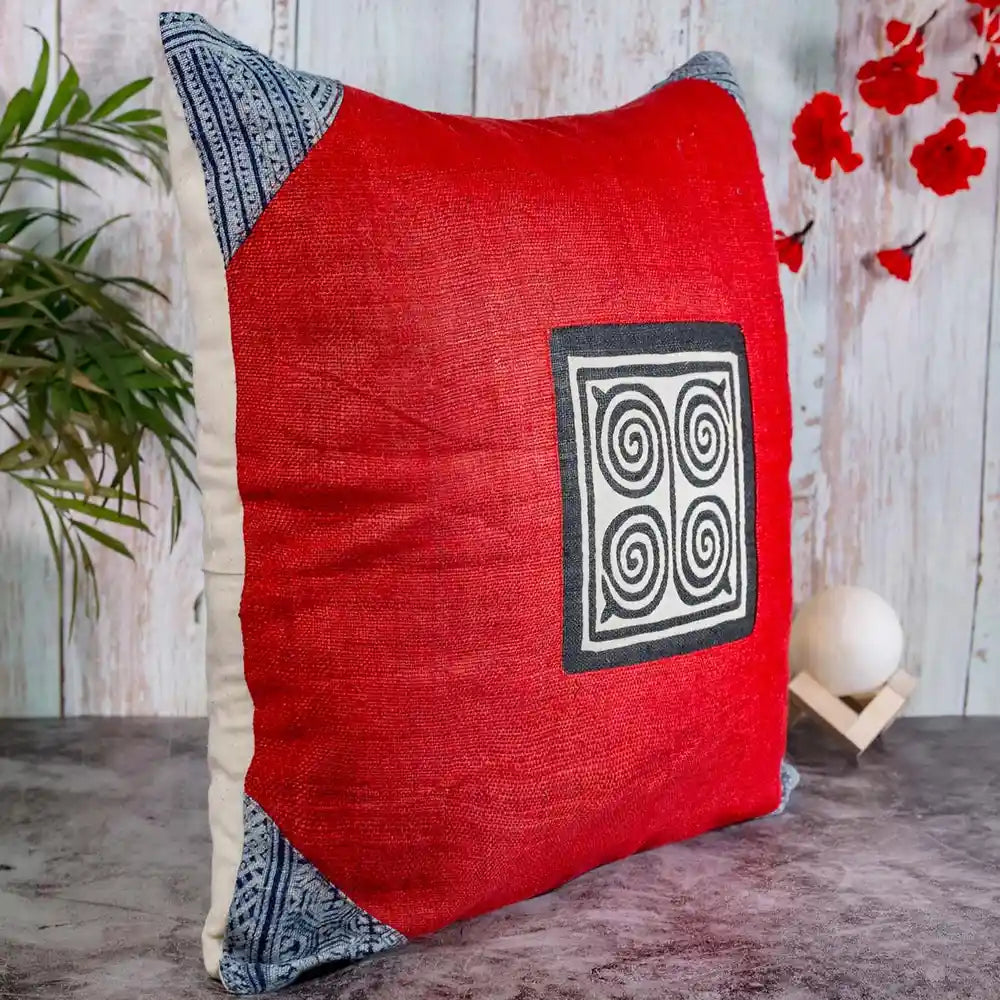 Vindigo red hemp cushion cover with spiral design lifestyle shot