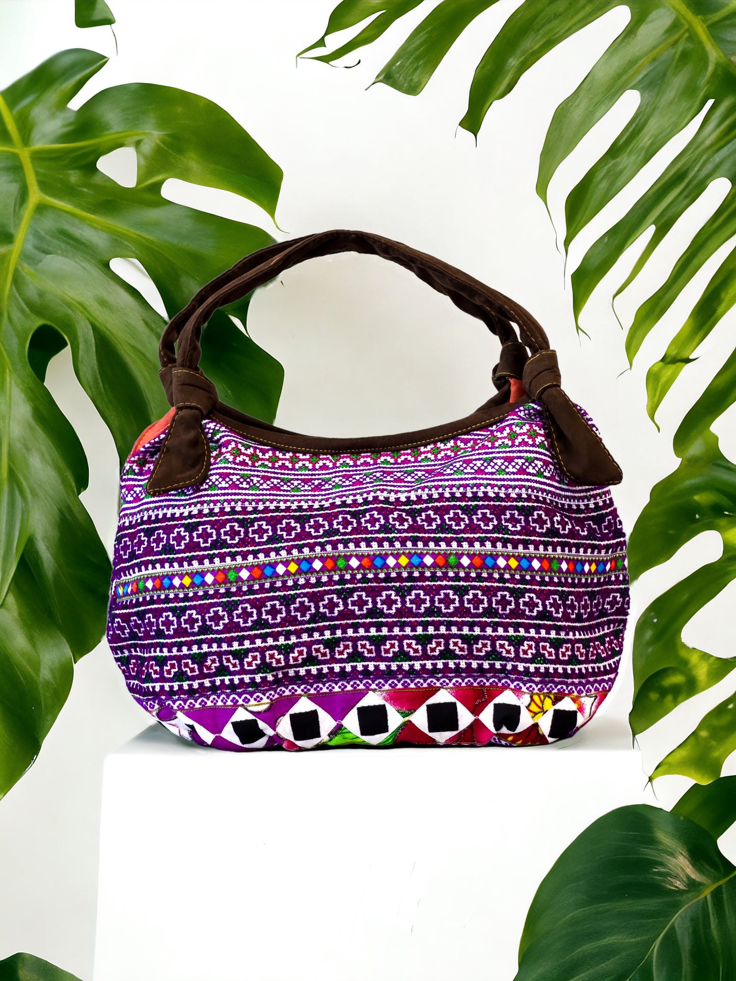 Handmade Purple Embroidered Handbag – Knot Handles, Faux Leather, Orange Inner Lining