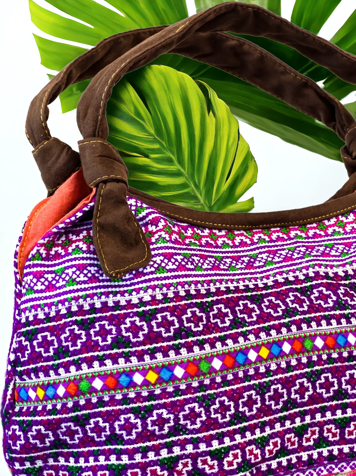 Handmade Purple Embroidered Handbag – Knot Handles, Faux Leather, Orange Inner Lining