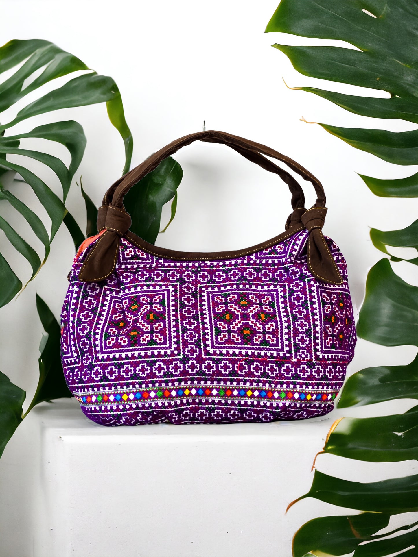Handmade Purple Embroidered Handbag – Knot Handles, Faux Leather, Orange Inner Lining