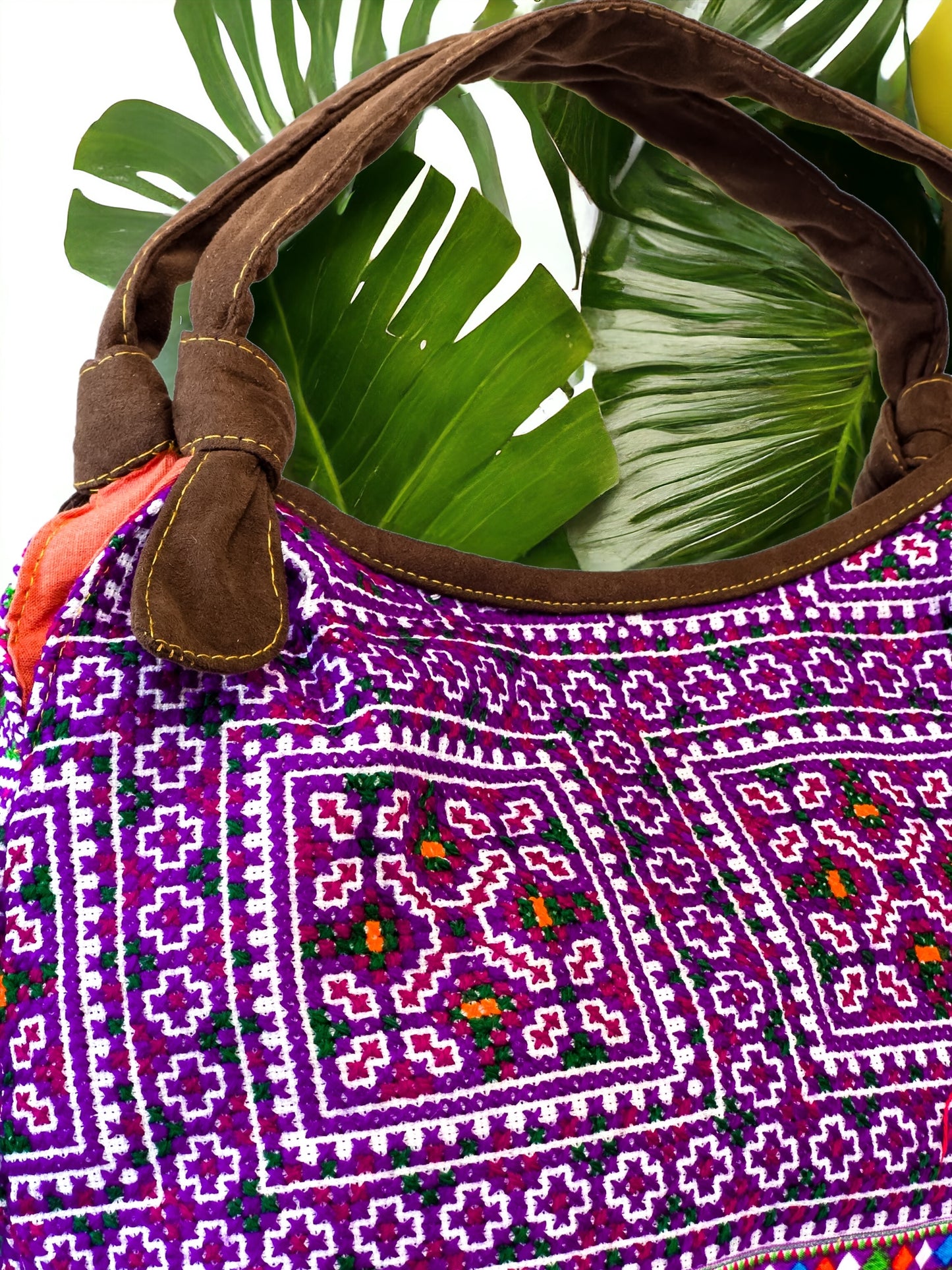 Handmade Purple Embroidered Handbag – Knot Handles, Faux Leather, Orange Inner Lining