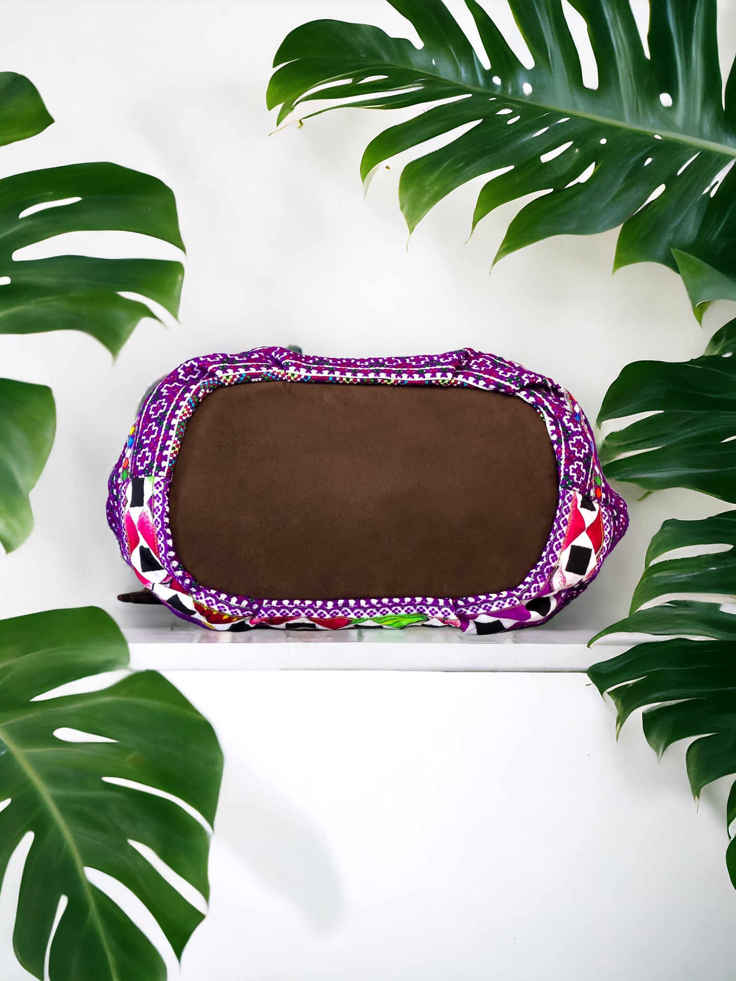 Handmade Purple Embroidered Handbag – Knot Handles, Faux Leather, Orange Inner Lining