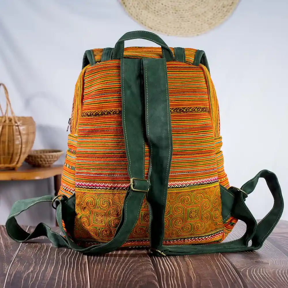 Vindigo yellow embroidered cotton backpack back view