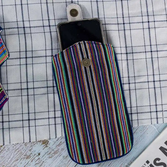 Vindigo striped phone case with flap open showing phone