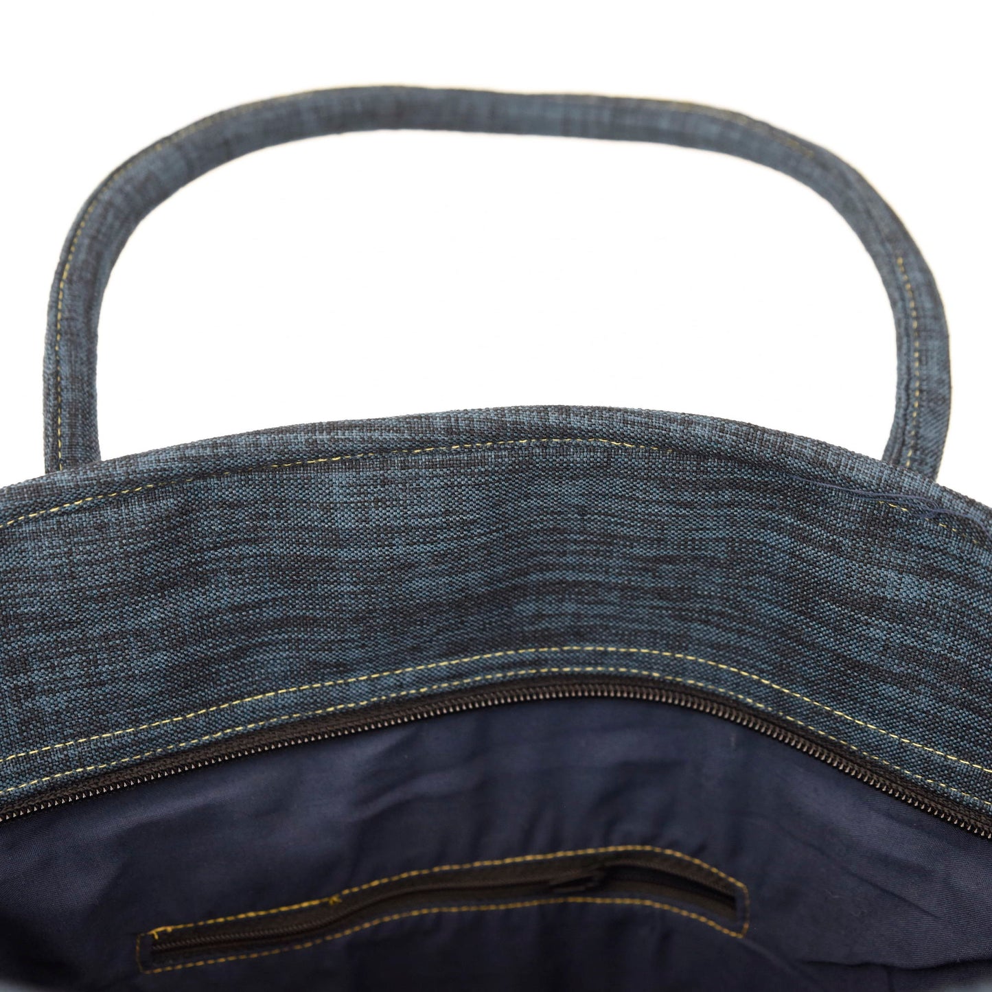 Bucket tote bag, dark blue handles, batik fabric fabric in H'mong pattern