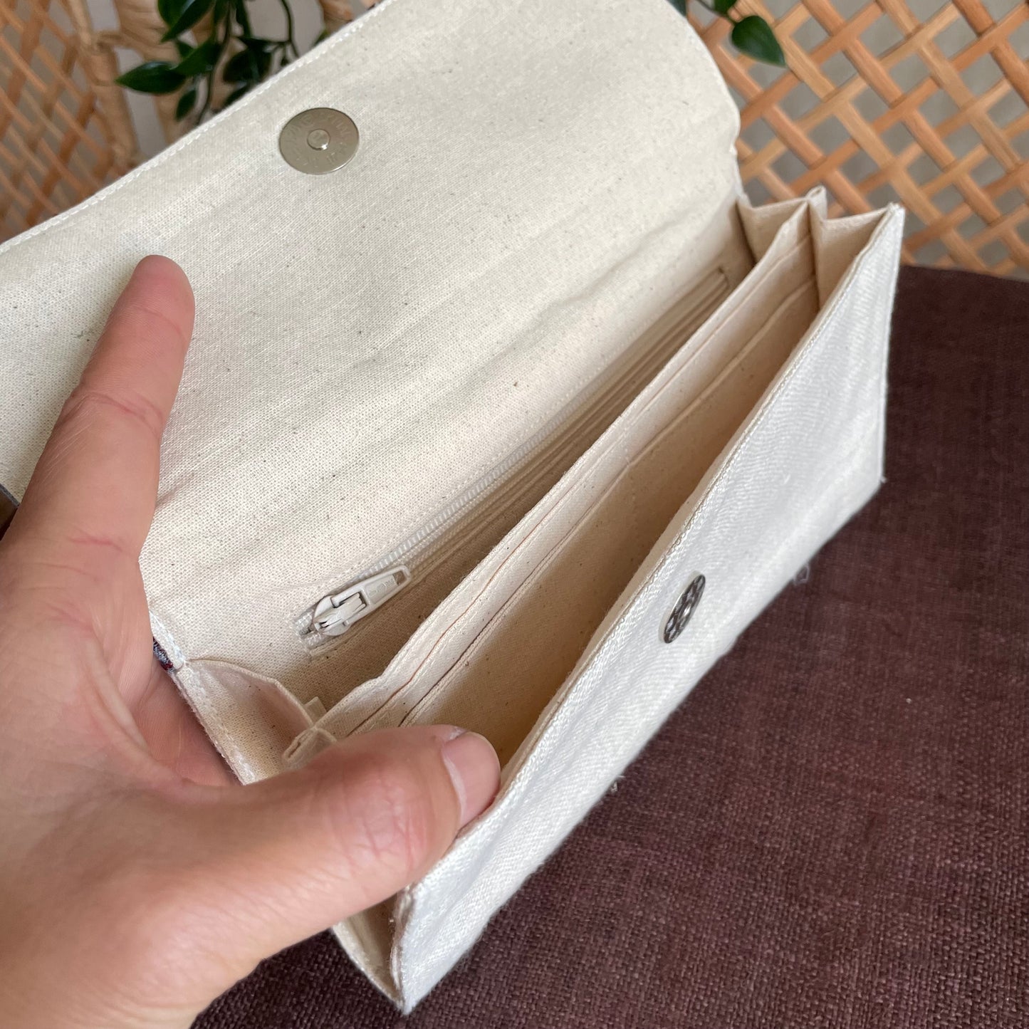 White long purse, Hemp fabric, Indigo Batik fabric, H'mong pattern