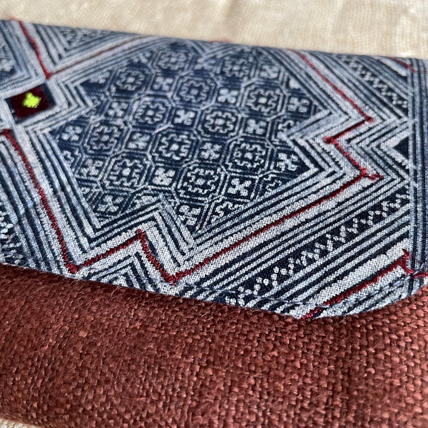 Dark brown long purse, Hemp fabric, Indigo Batik fabric, H'mong pattern