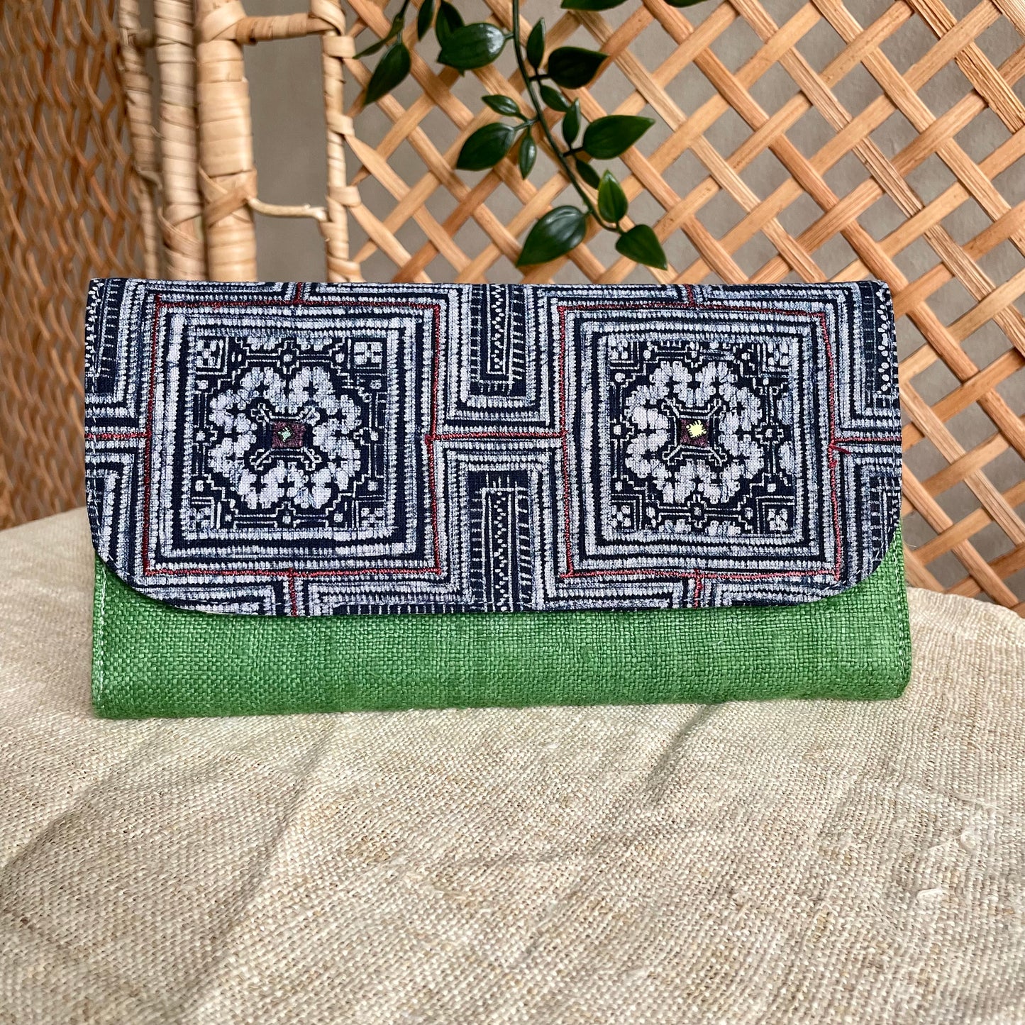 Classic green long purse, Hemp fabric, Indigo Batik fabric, H'mong pattern