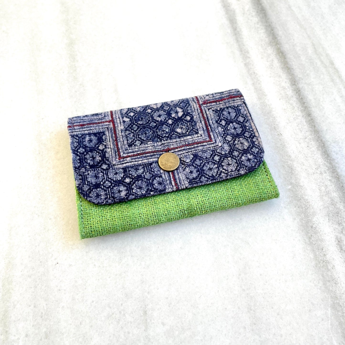 Classic green Hemp card holder, Indigo Batik fabric