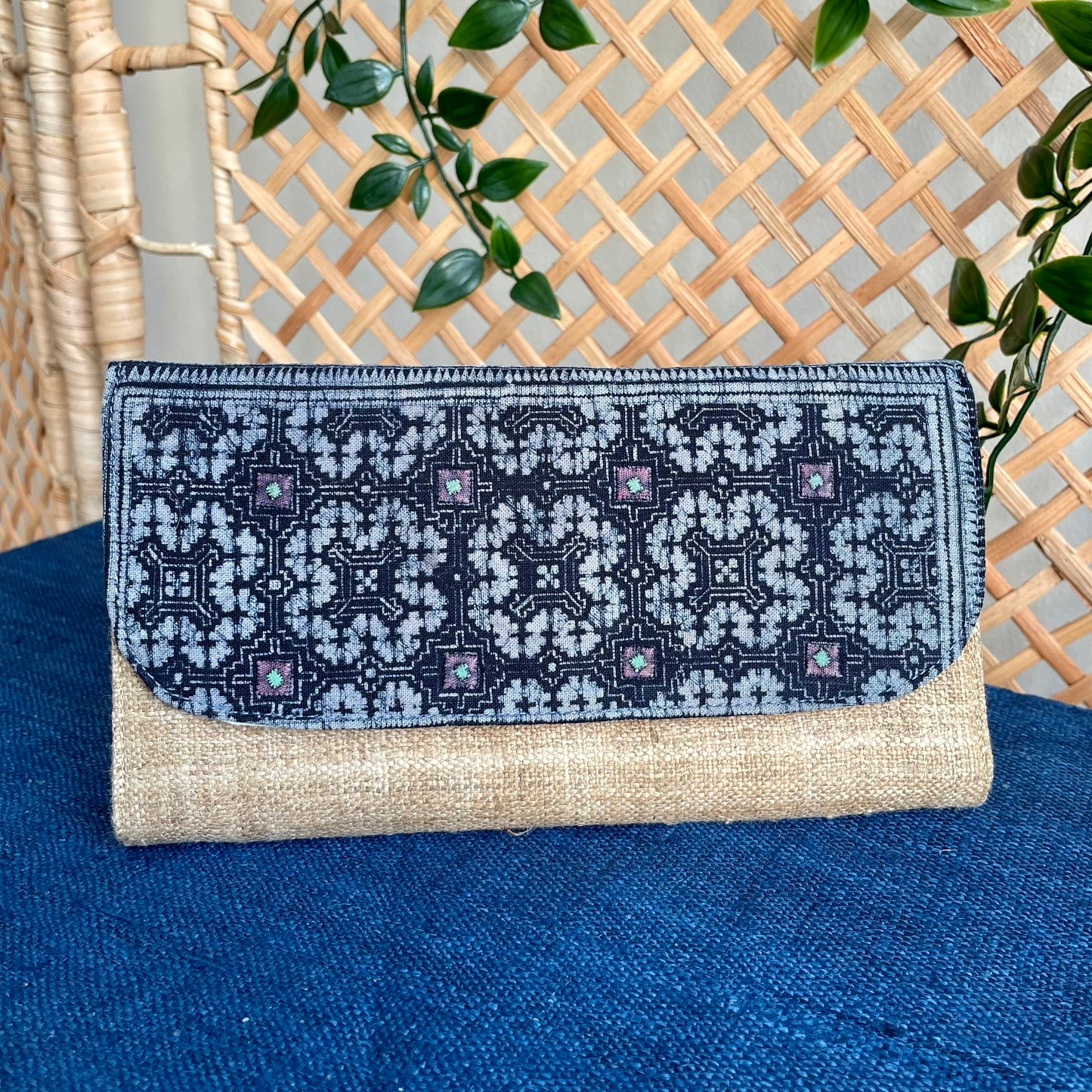 Indigo Cross Pattern H’mong – Boho Hemp Long Purse