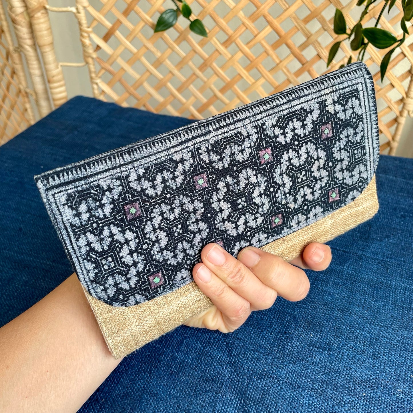 Indigo Cross Pattern H’mong – Boho Hemp Long Purse