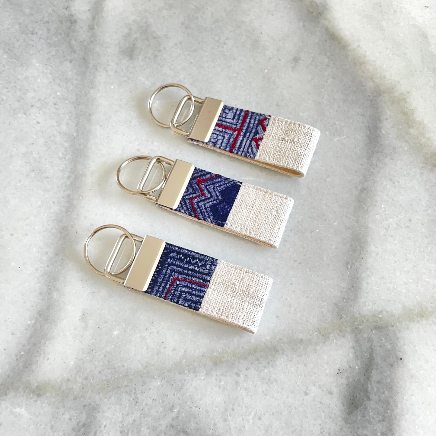 White hemp fabric keychain with vintage batik patch, stainless metal key fob
