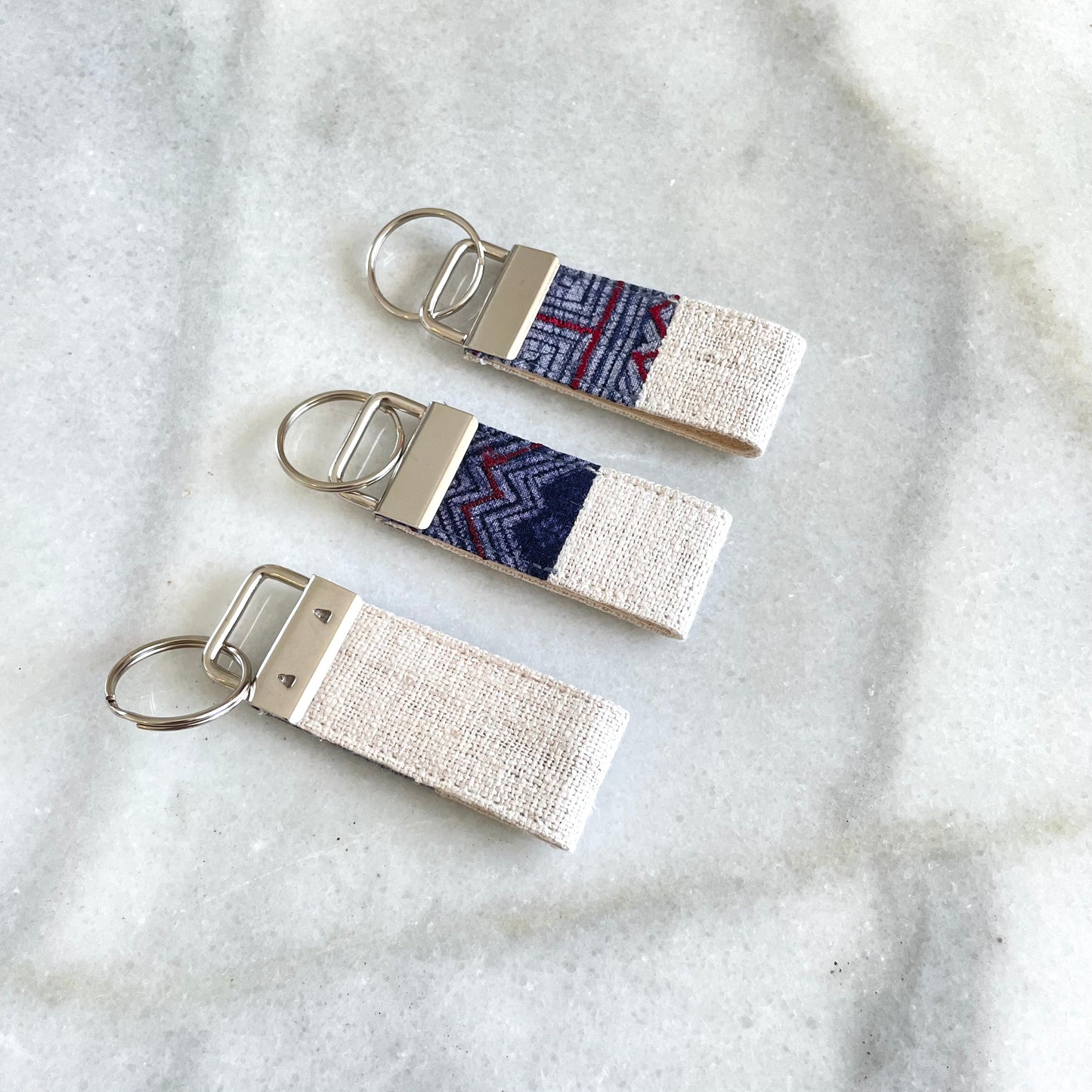White hemp fabric keychain with vintage batik patch, stainless metal key fob