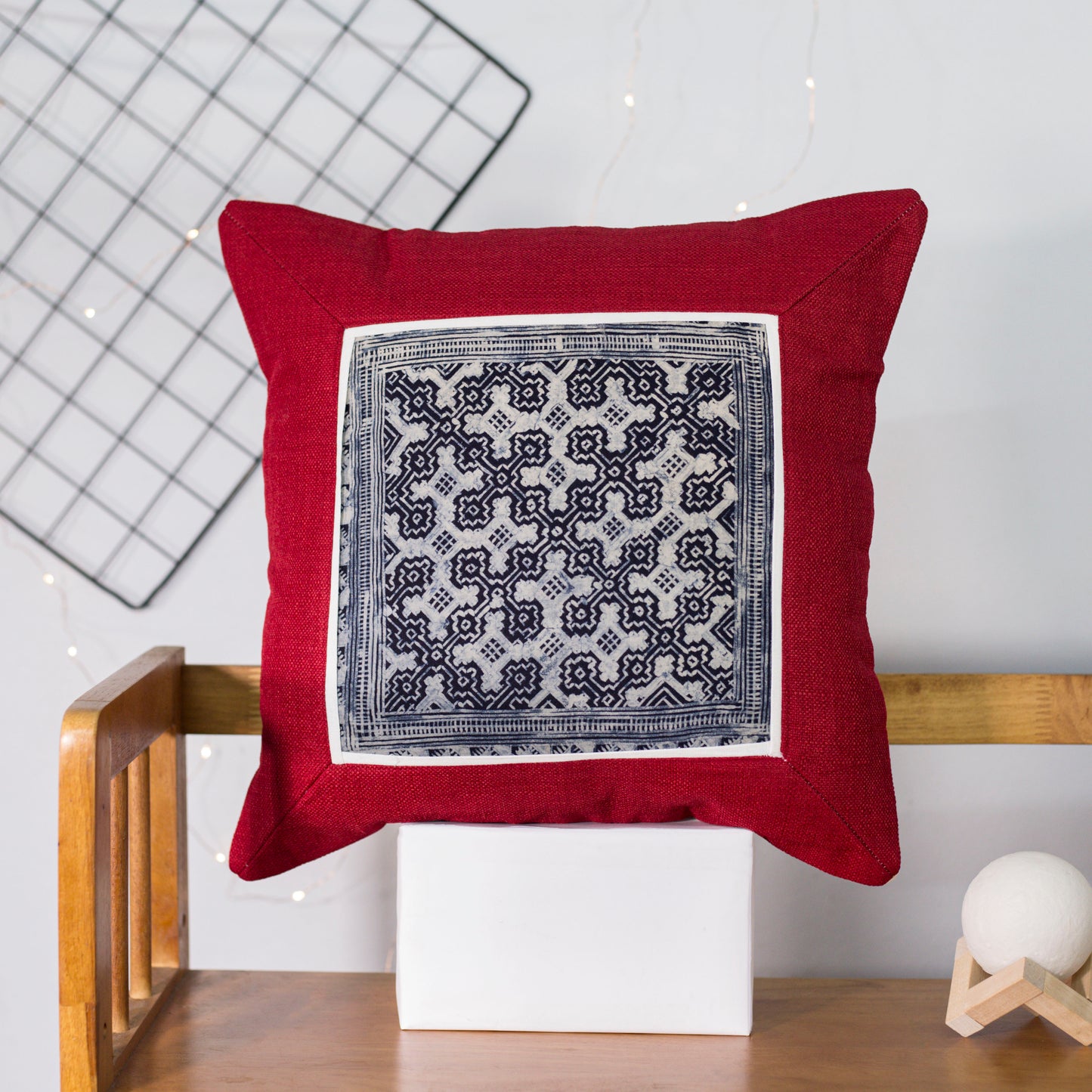 White-Black H’mong Motif – Red Hemp Cushion Cover
