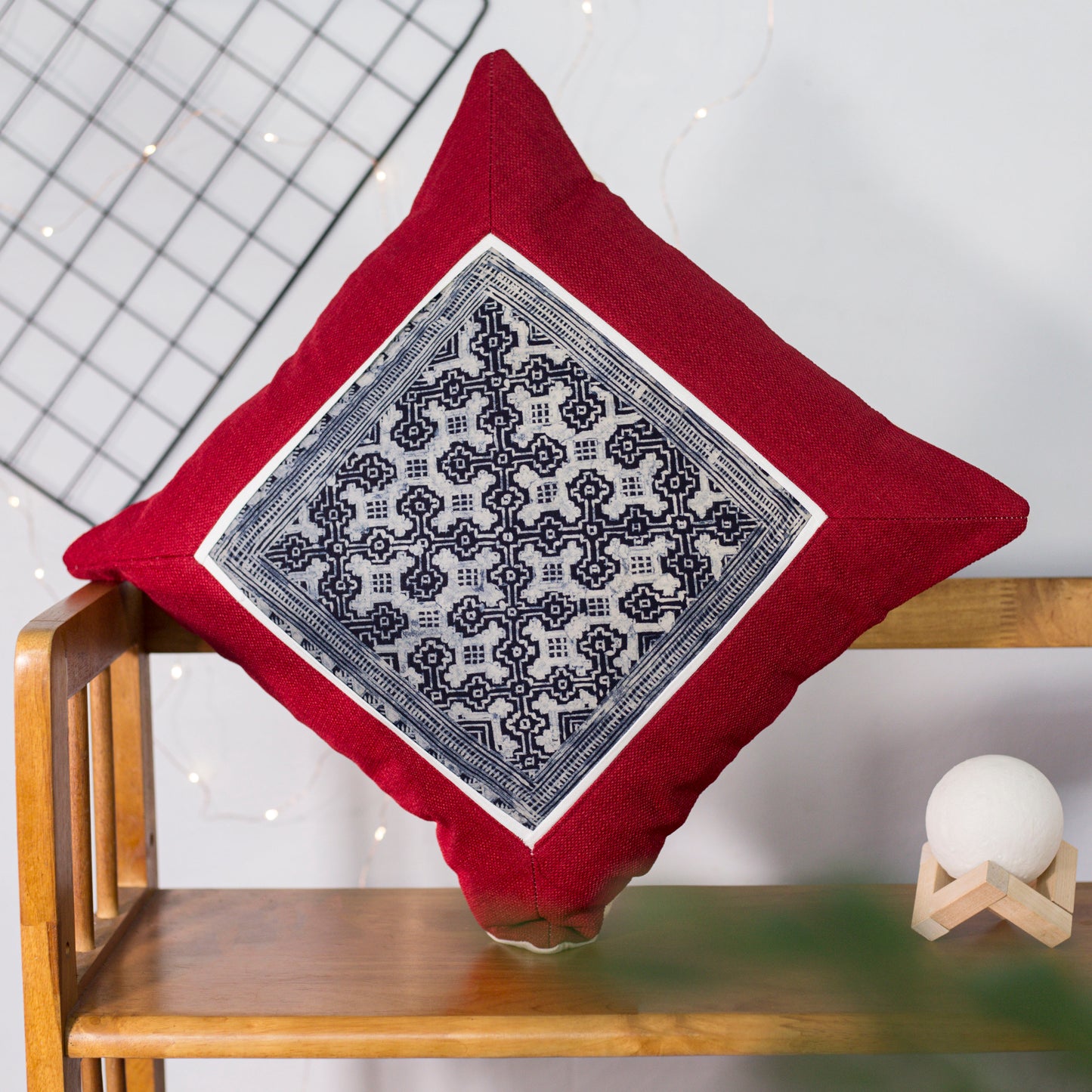White-Black H’mong Motif – Red Hemp Cushion Cover