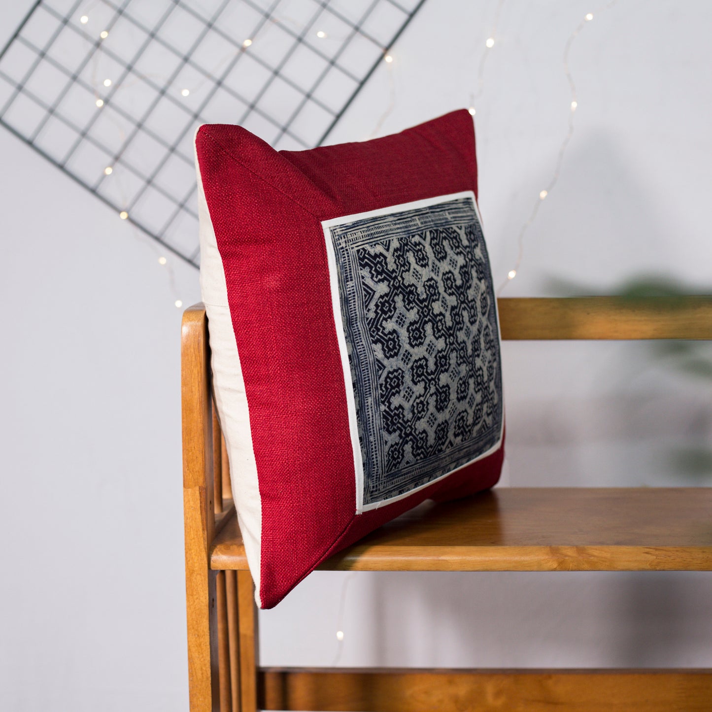 White-Black H’mong Motif – Red Hemp Cushion Cover