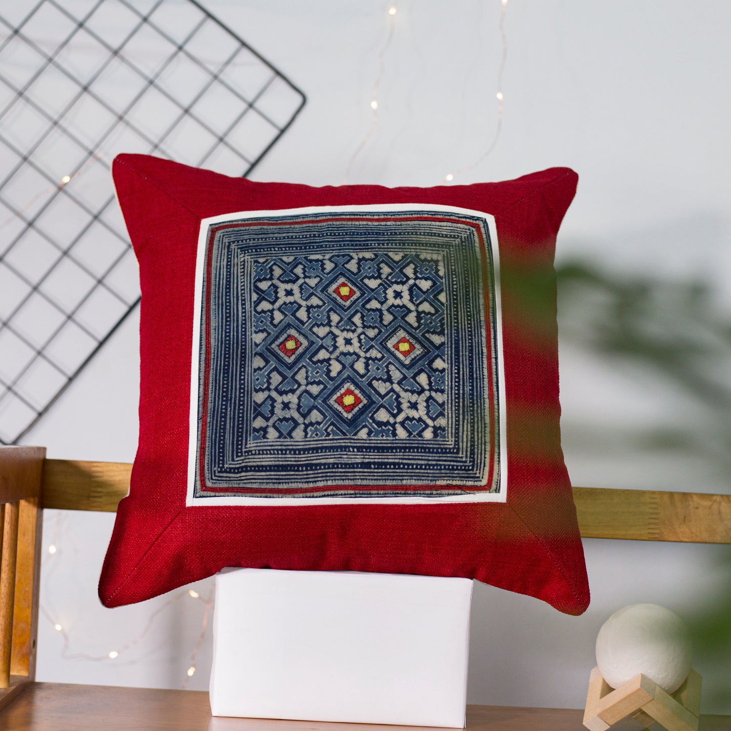 Blue H’mong Embroidery – Red Hemp Cushion Cover