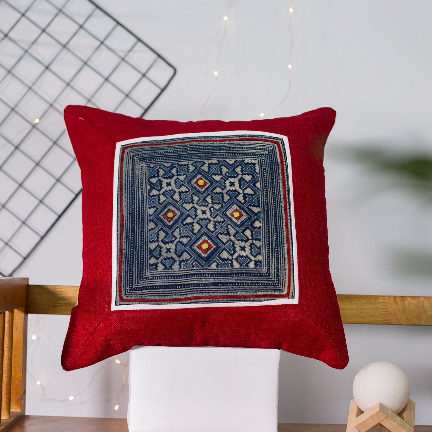 Blue H’mong Embroidery – Red Hemp Cushion Cover