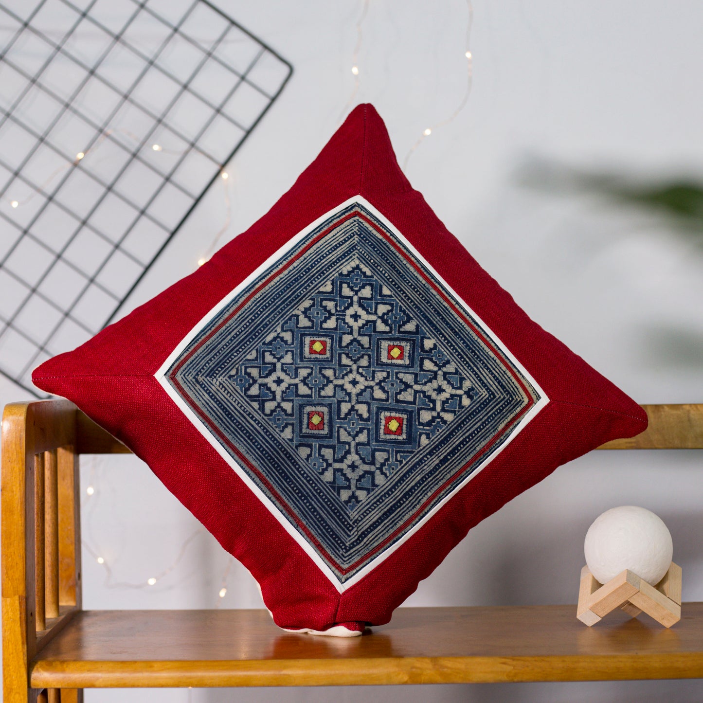 Blue H’mong Embroidery – Red Hemp Cushion Cover