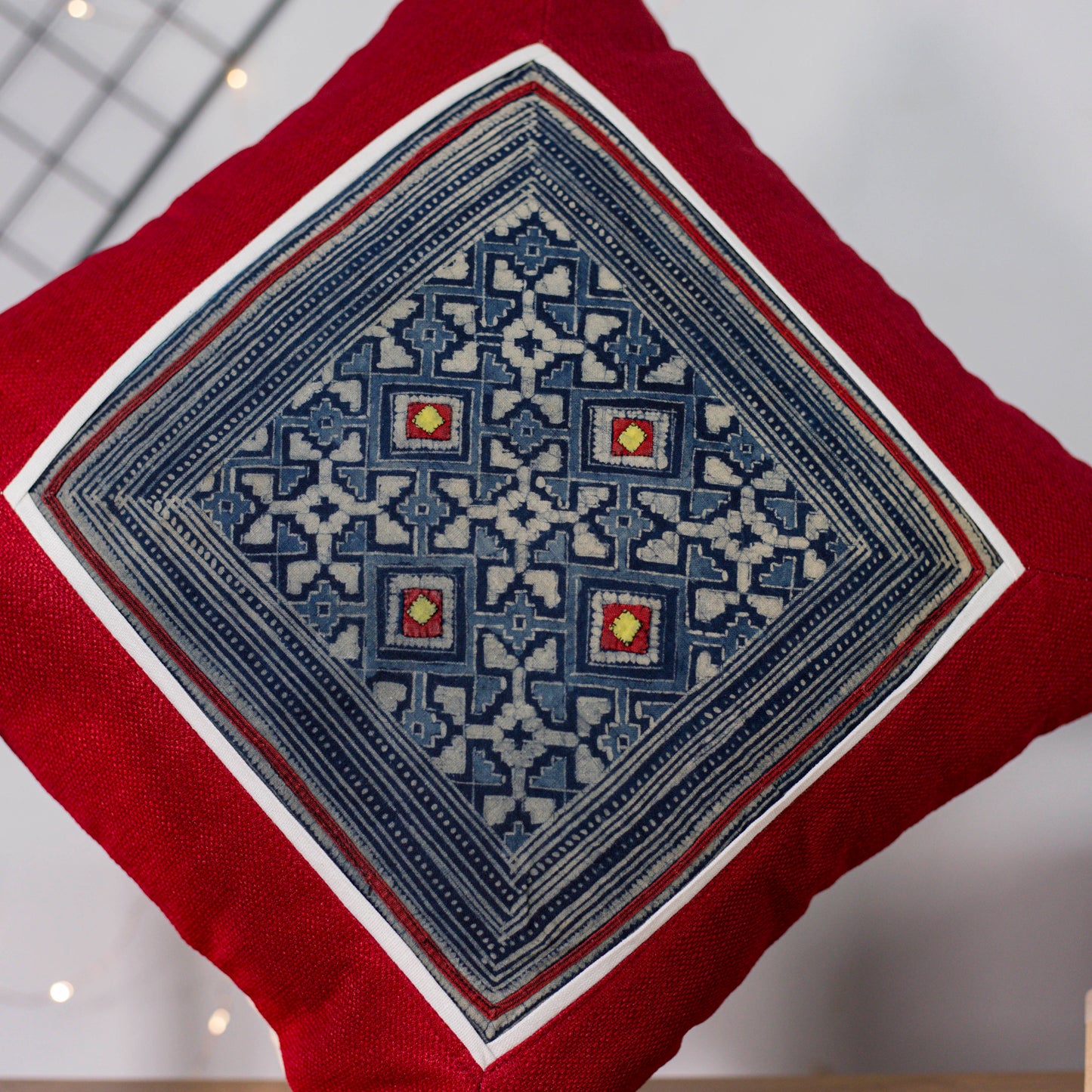 Blue H’mong Embroidery – Red Hemp Cushion Cover