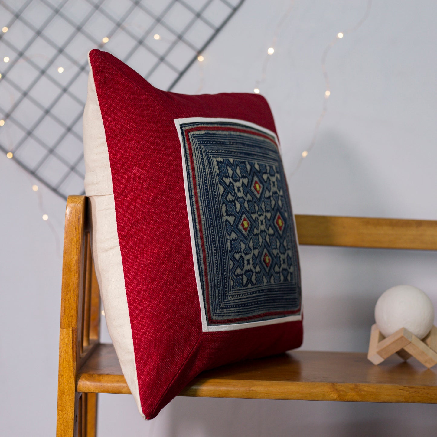 Blue H’mong Embroidery – Red Hemp Cushion Cover
