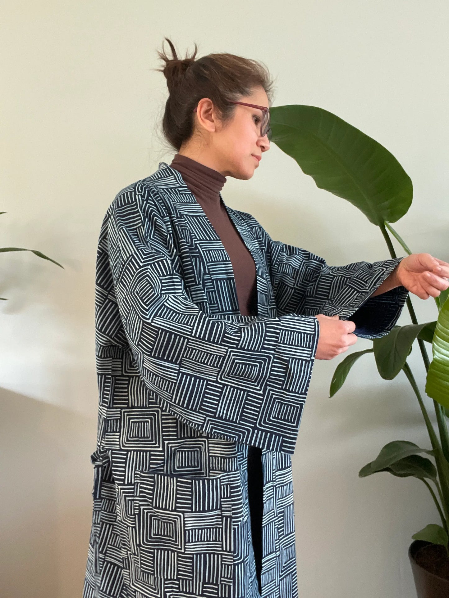 Indigo Cotton Kimono Robe - Zen Square pattern - Oversized fit