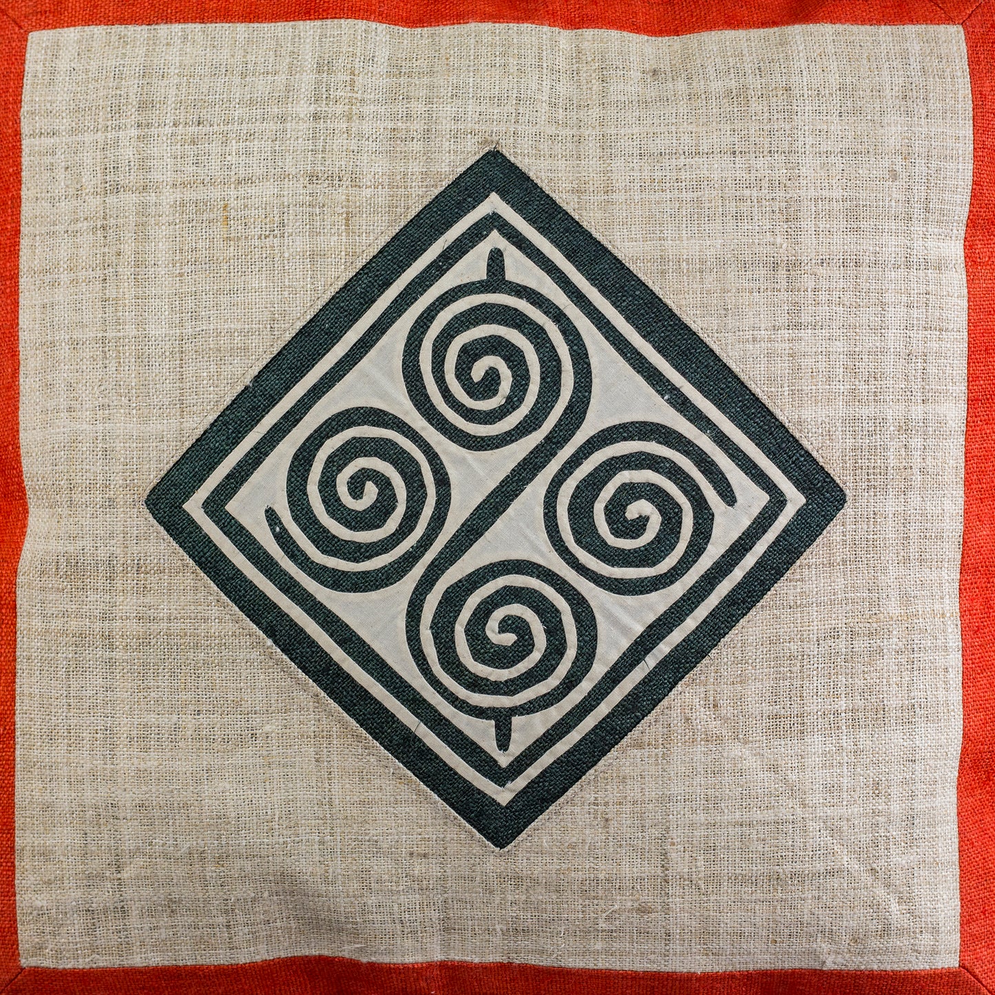 Hemp Cushion Cover in Red- 100% handmade, beige hemp, black and white pattern at center