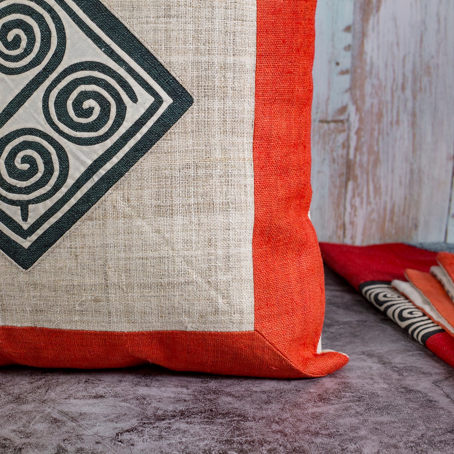 Hemp Cushion Cover in Red- 100% handmade, beige hemp, black and white pattern at center