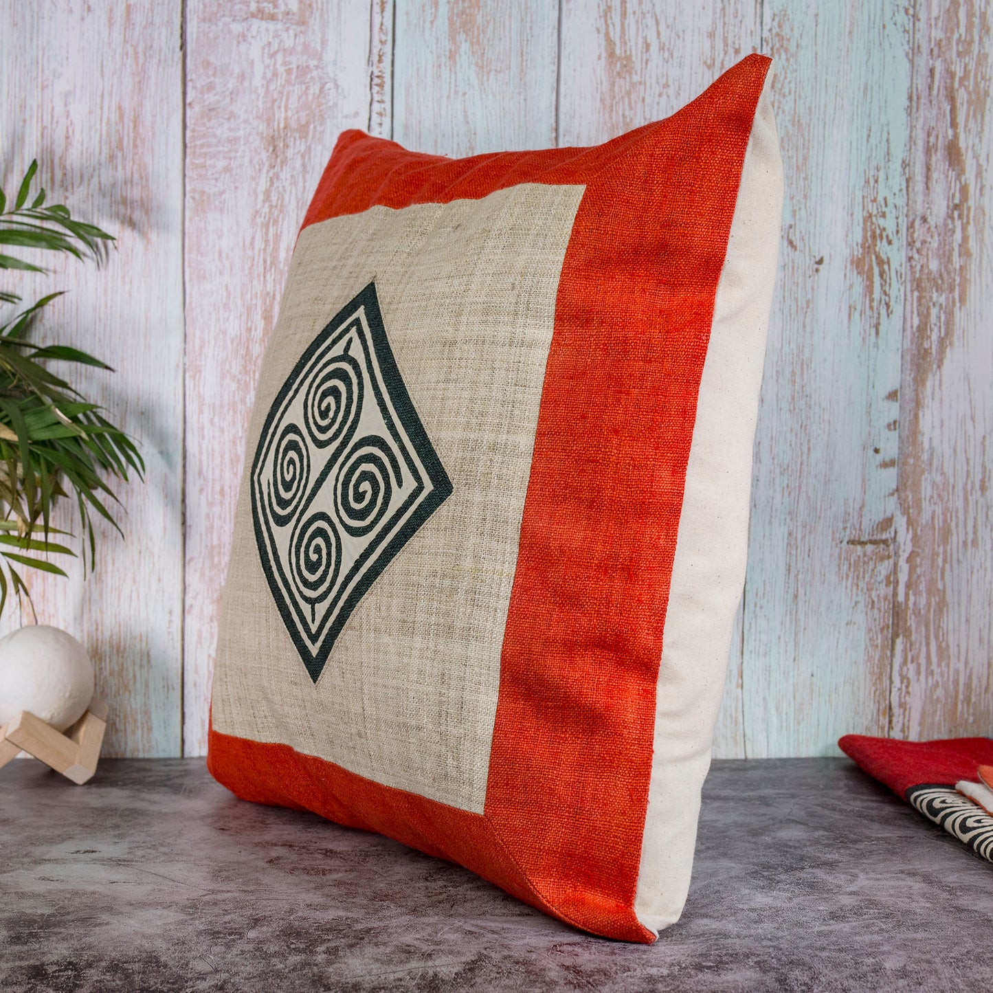 Hemp Cushion Cover in Red- 100% handmade, beige hemp, black and white pattern at center