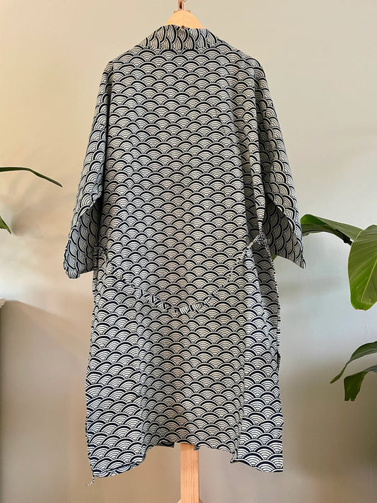 Indigo Cotton Kimono Robe - Japanese Wave, Seigaiha pattern