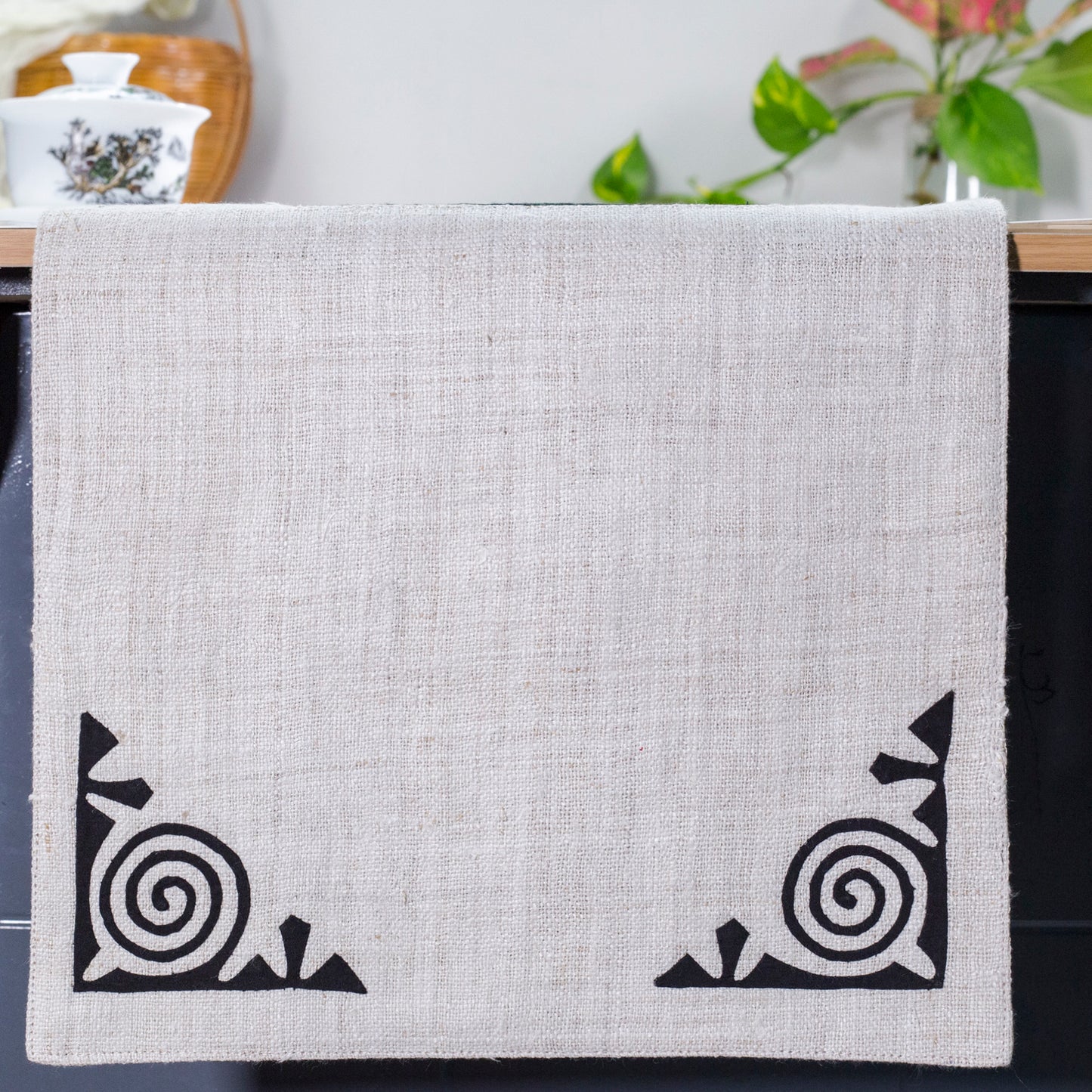 White Hemp Table Runner, unique patterns, hand-stitched details at both ends