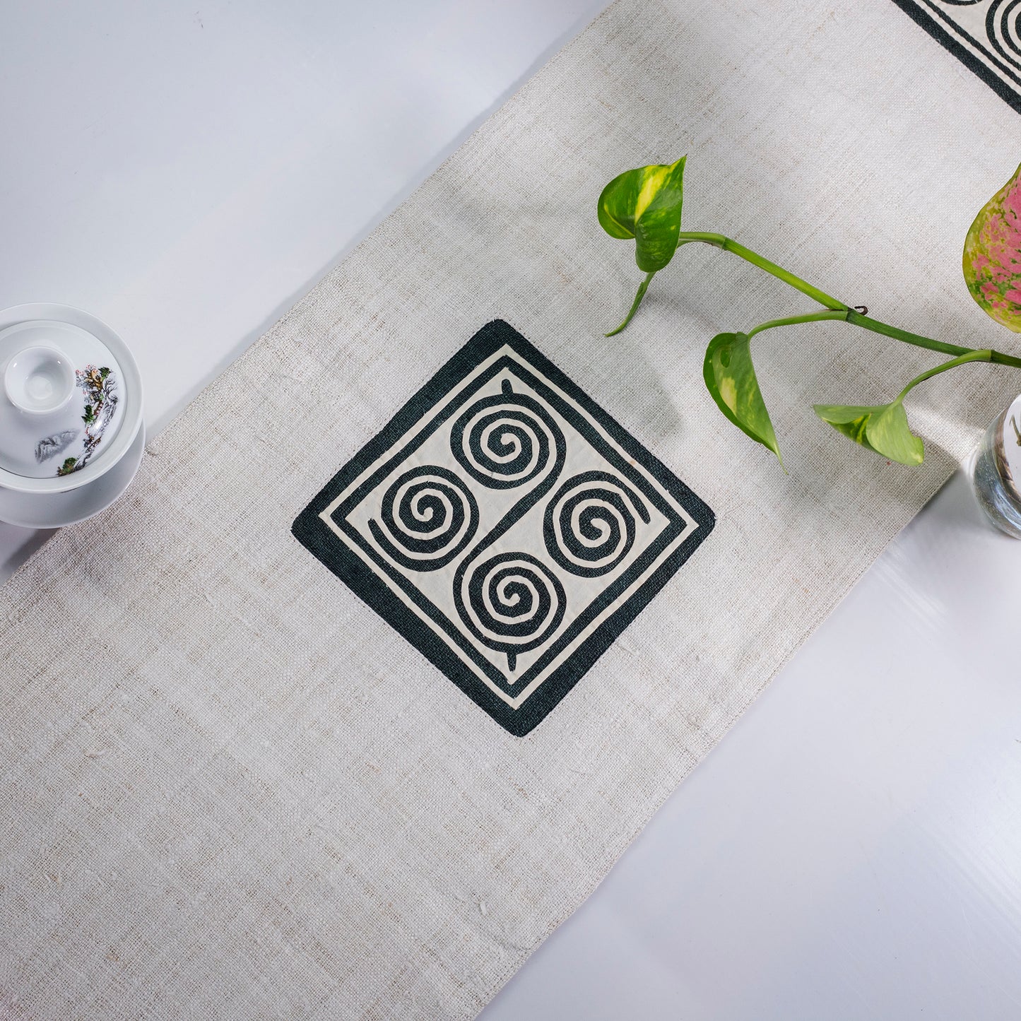 White Hemp Table Runner, unique patterns, hand-stitched details at both ends
