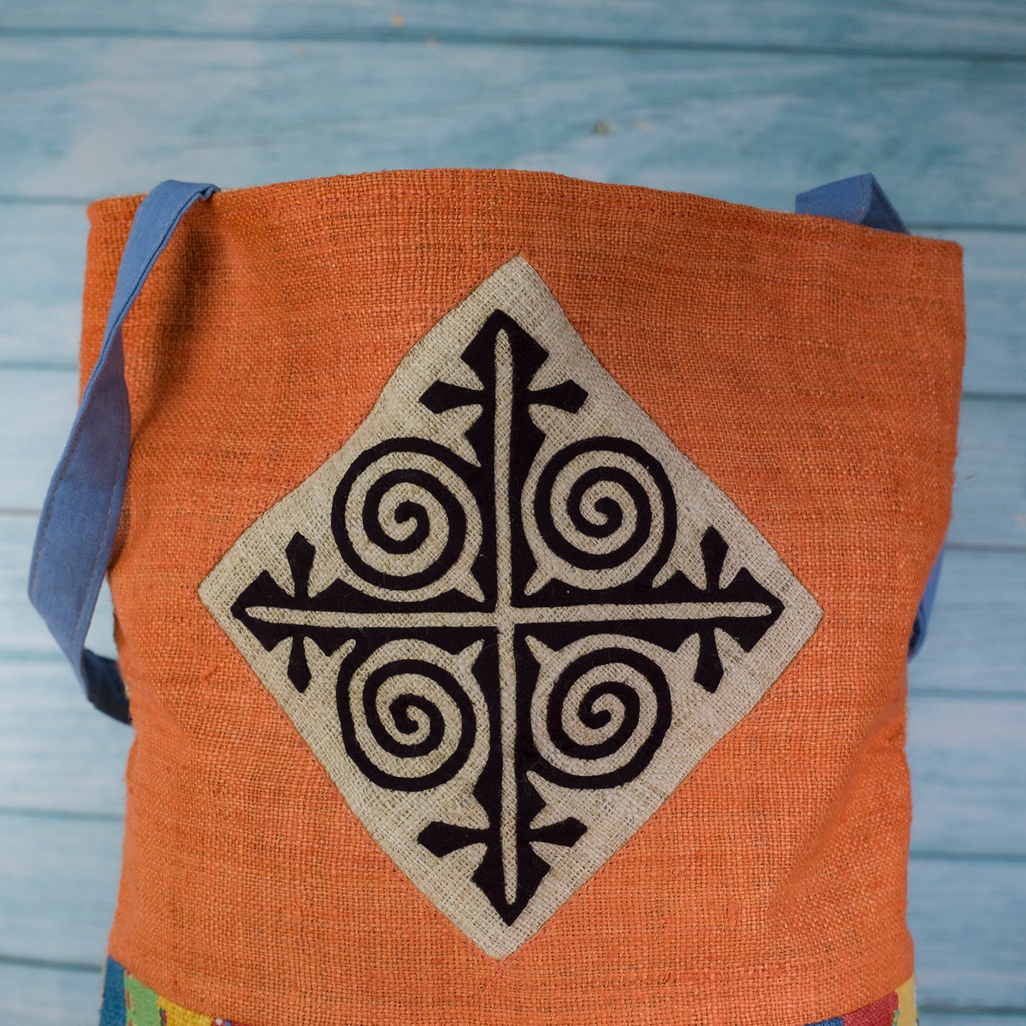 Tote bag, Handwoven Hemp, natural dye in ORANGE, H'mong pattern
