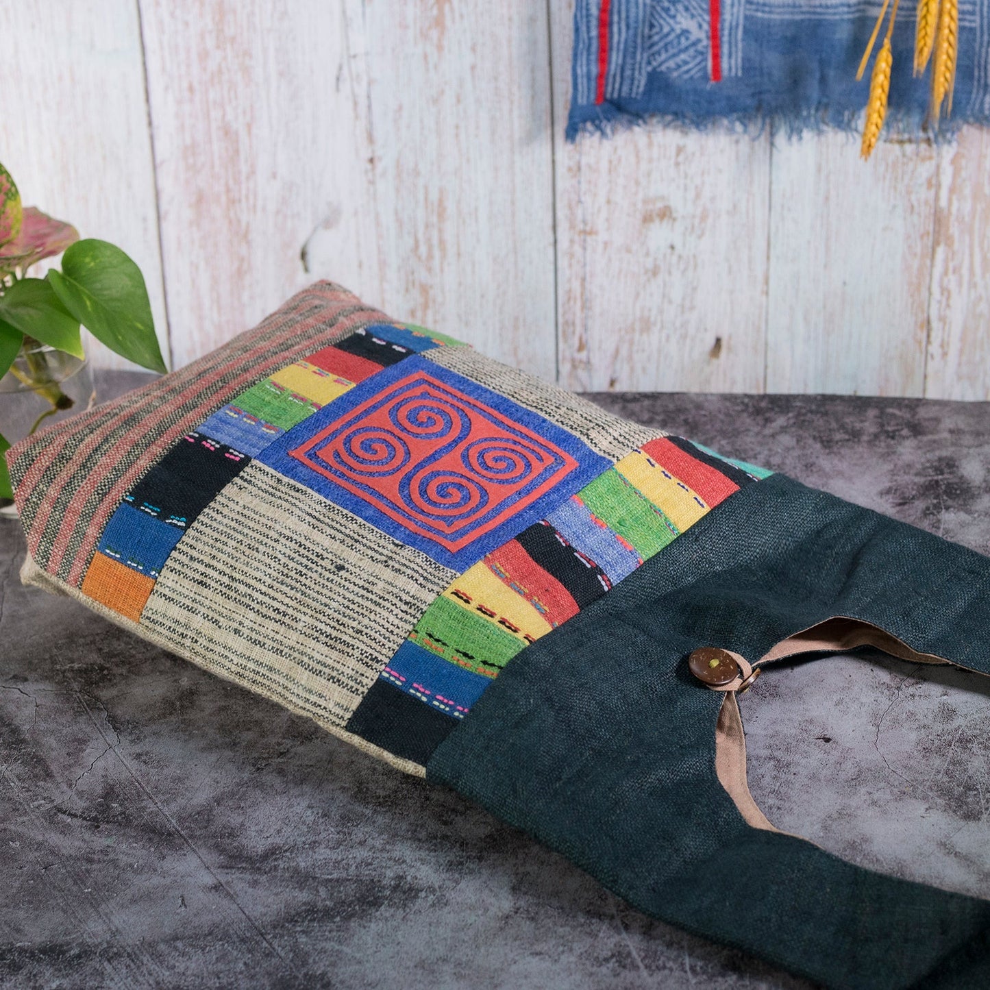Blue Patch Pink Stiching – Dark Teal Hemp Tote Bag